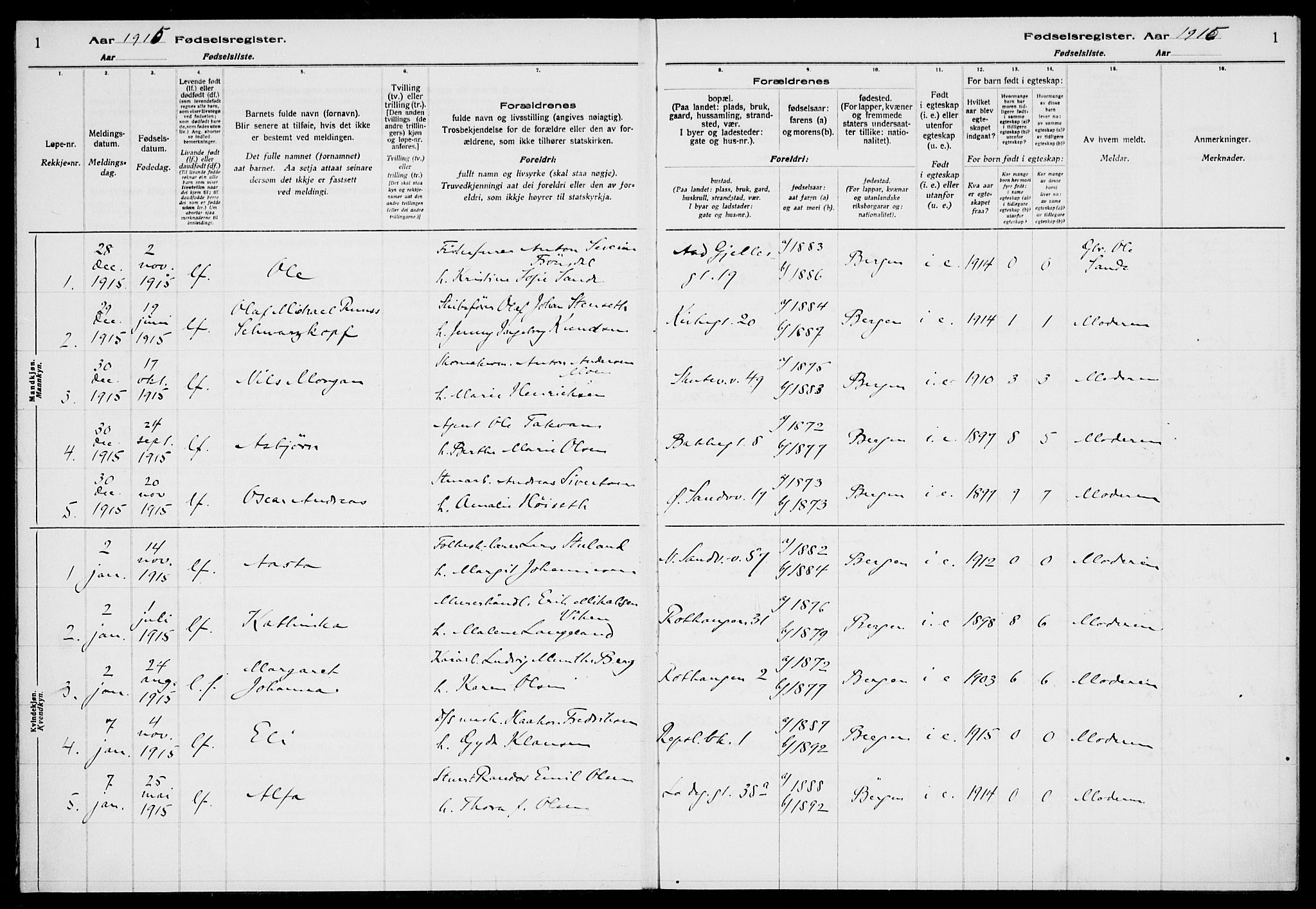 Sandviken Sokneprestembete, AV/SAB-A-77601/I/Ib/L00A1: Fødselsregister nr. A 1, 1915-1920, s. 1