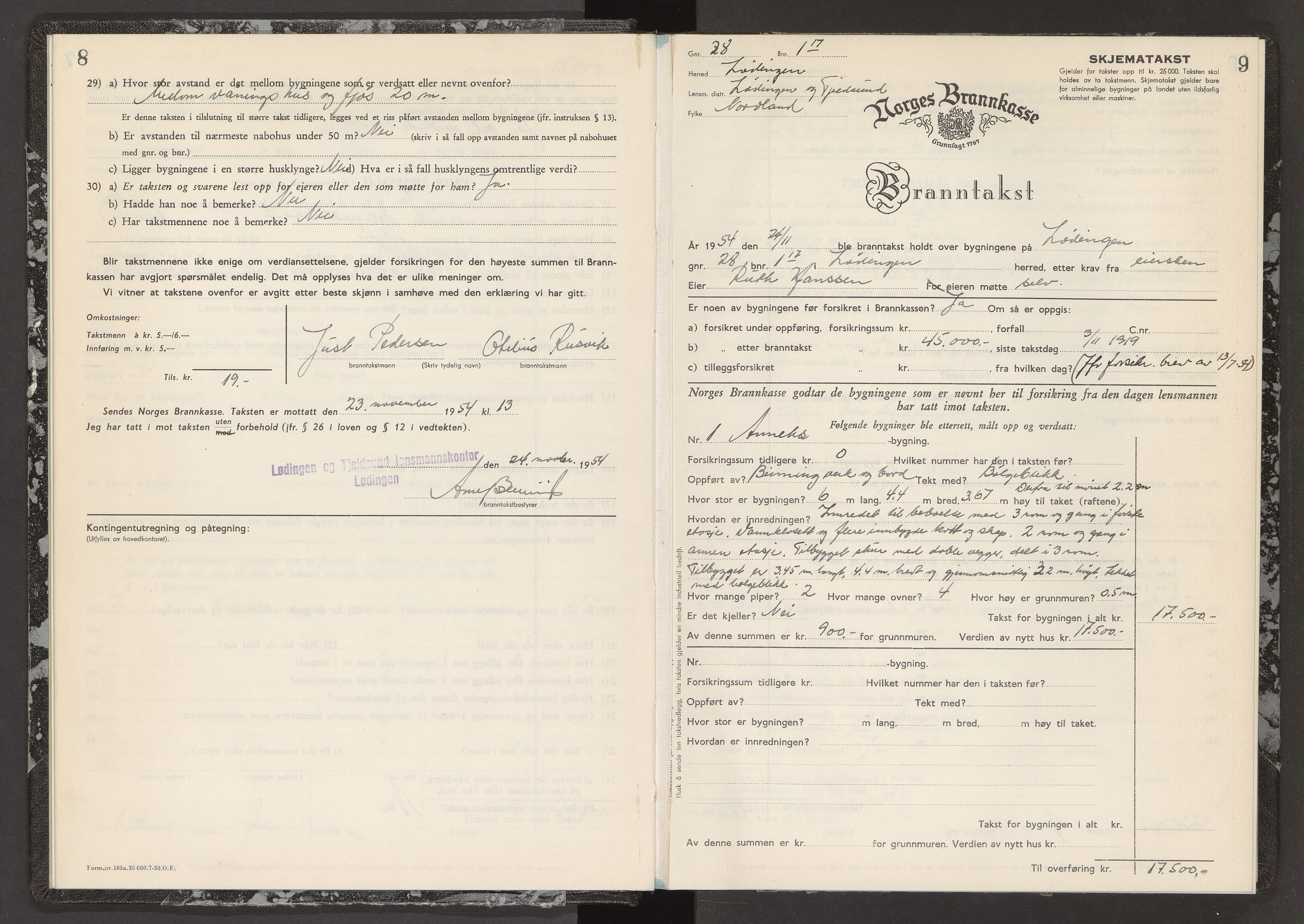 Norges Brannkasse Lødingen og Tjeldsund, AV/SAT-A-5583/Fb/L0014: Branntakstprotokoll, 1954-1955