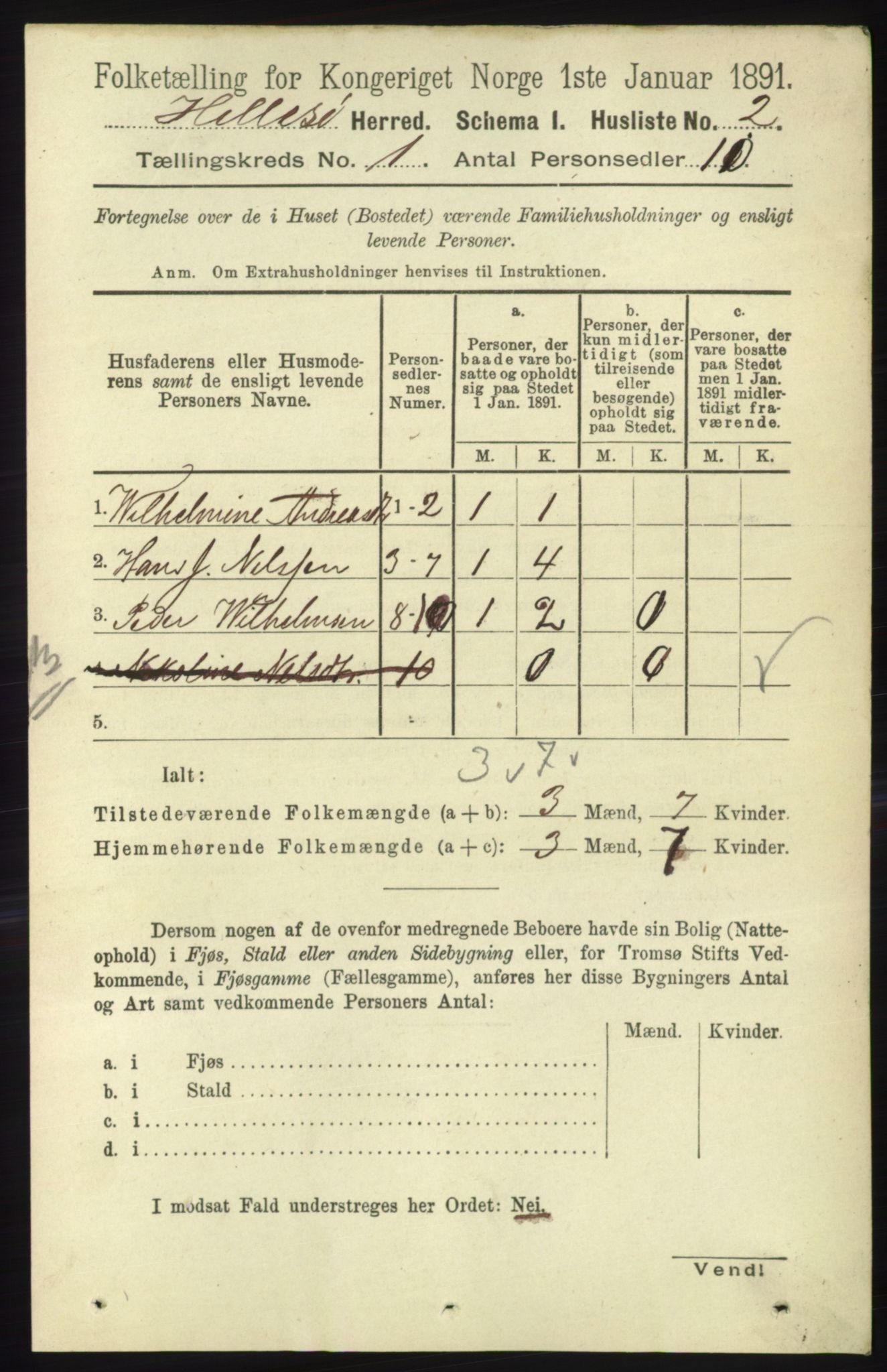 RA, Folketelling 1891 for 1930 Hillesøy herred, 1891, s. 15