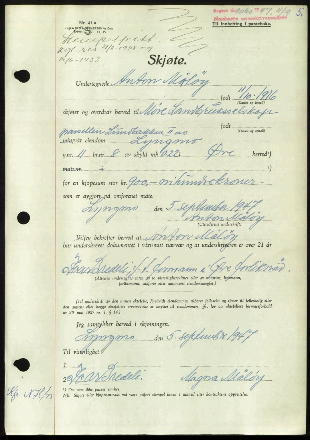 Nordmøre sorenskriveri, AV/SAT-A-4132/1/2/2Ca: Pantebok nr. A106, 1947-1947, Dagboknr: 2060/1947