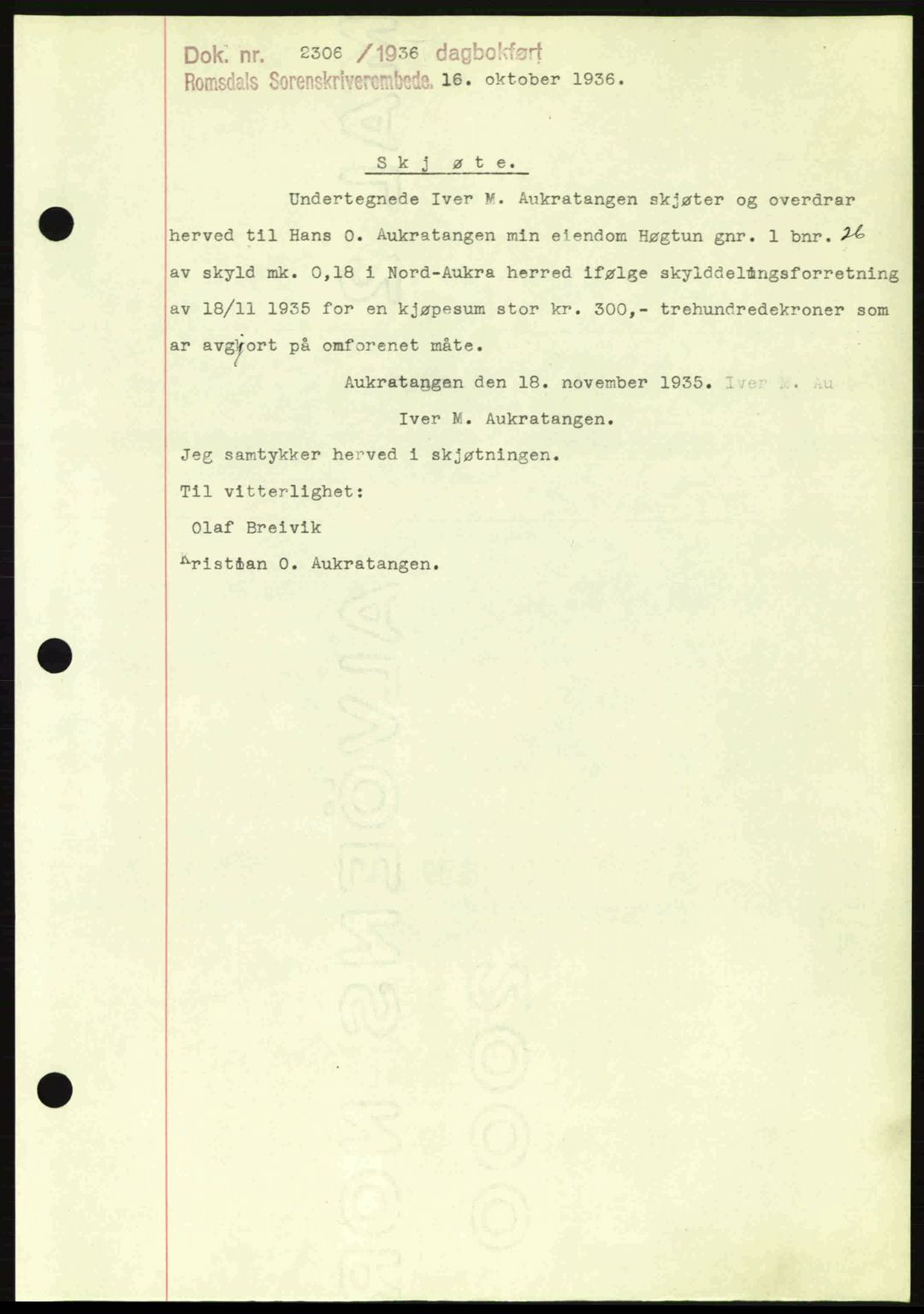 Romsdal sorenskriveri, SAT/A-4149/1/2/2C: Pantebok nr. A2, 1936-1937, Dagboknr: 2306/1936