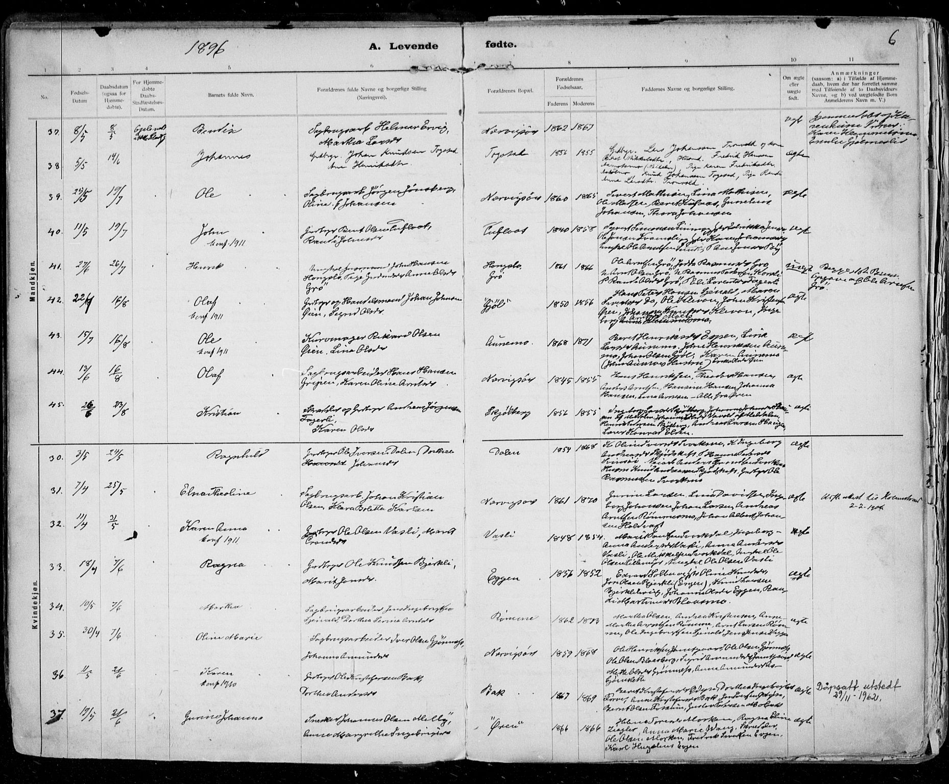 Ministerialprotokoller, klokkerbøker og fødselsregistre - Sør-Trøndelag, SAT/A-1456/668/L0811: Ministerialbok nr. 668A11, 1894-1913, s. 6