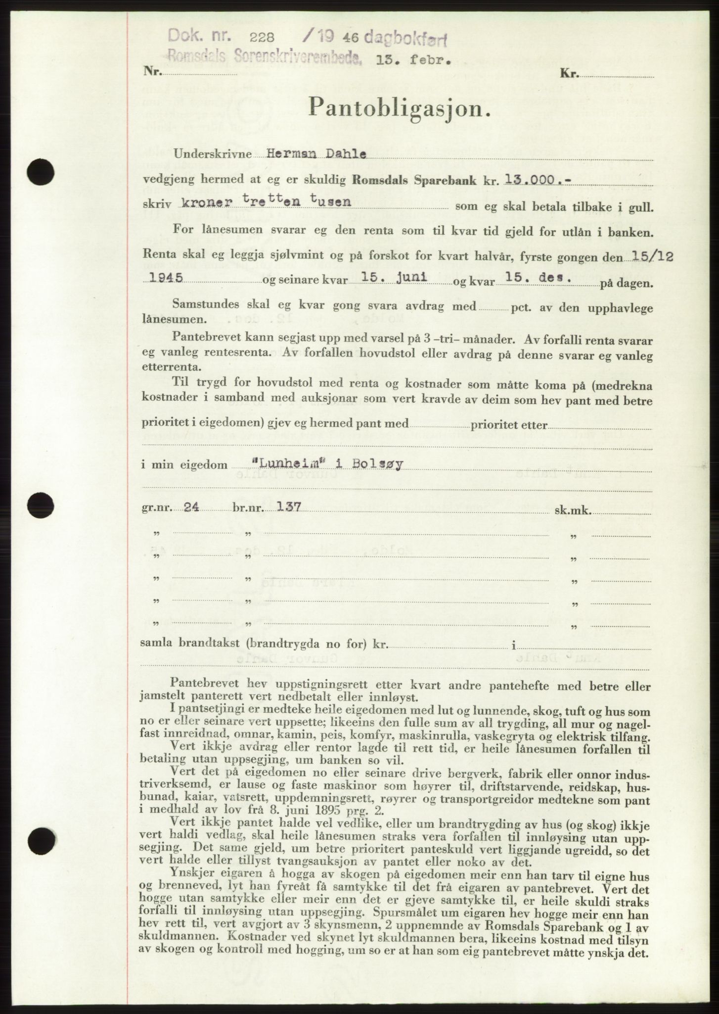 Romsdal sorenskriveri, SAT/A-4149/1/2/2C: Pantebok nr. B3, 1946-1948, Dagboknr: 228/1946