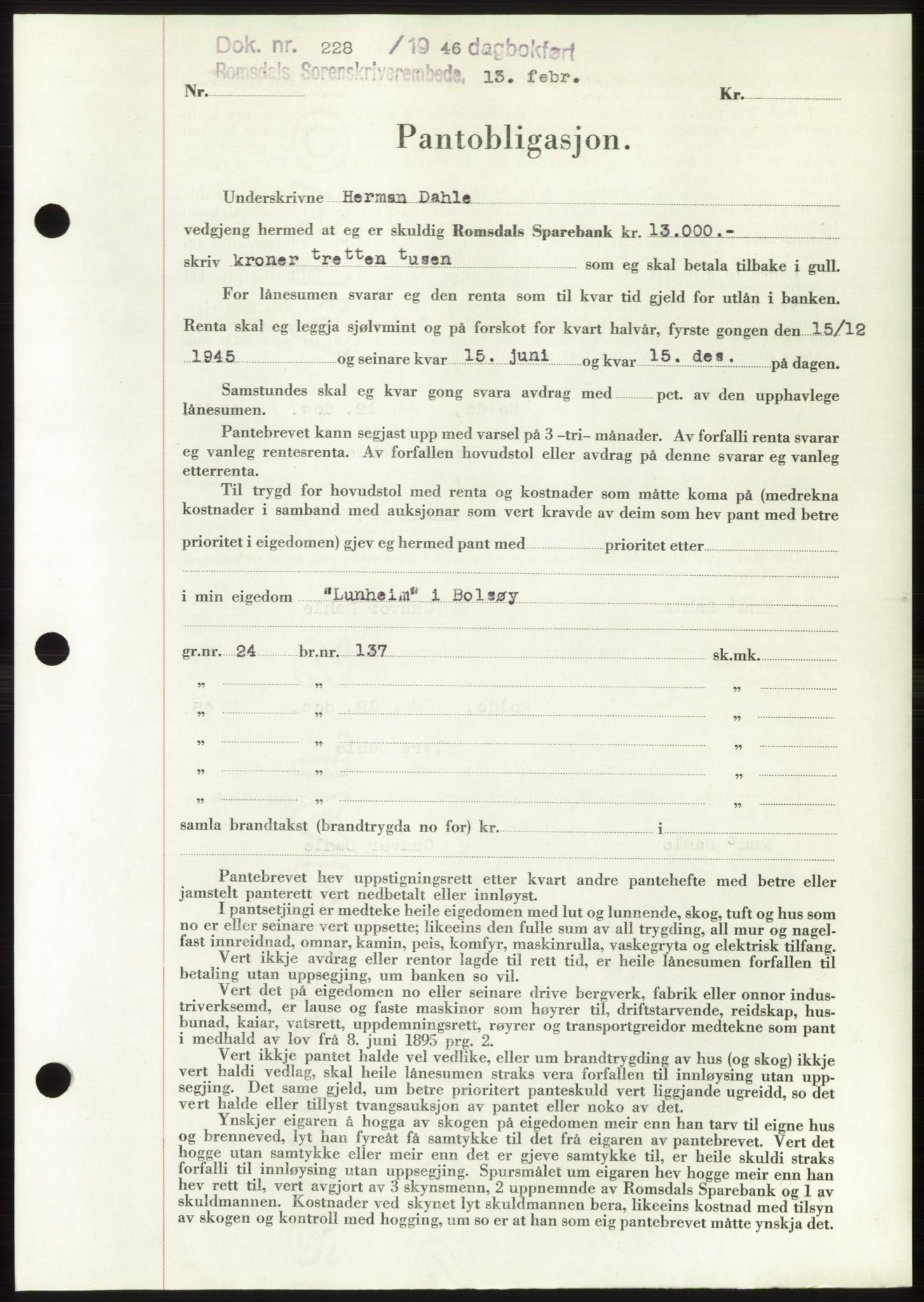 Romsdal sorenskriveri, AV/SAT-A-4149/1/2/2C: Pantebok nr. B3, 1946-1948, Dagboknr: 228/1946