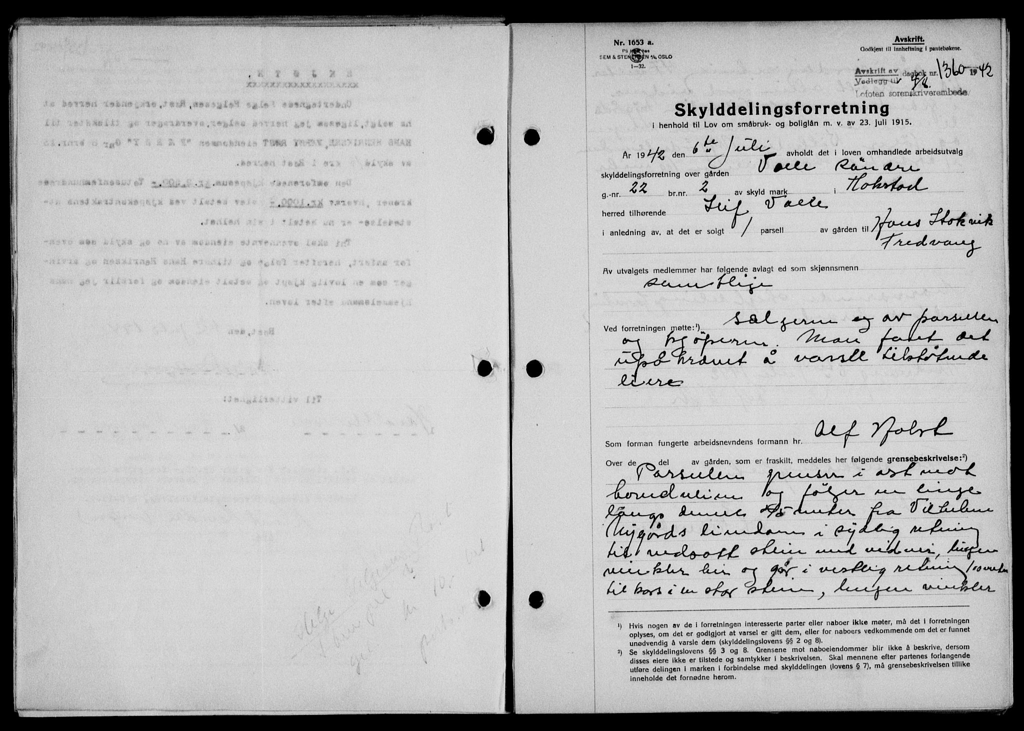 Lofoten sorenskriveri, SAT/A-0017/1/2/2C/L0010a: Pantebok nr. 10a, 1942-1943, Dagboknr: 1360/1942