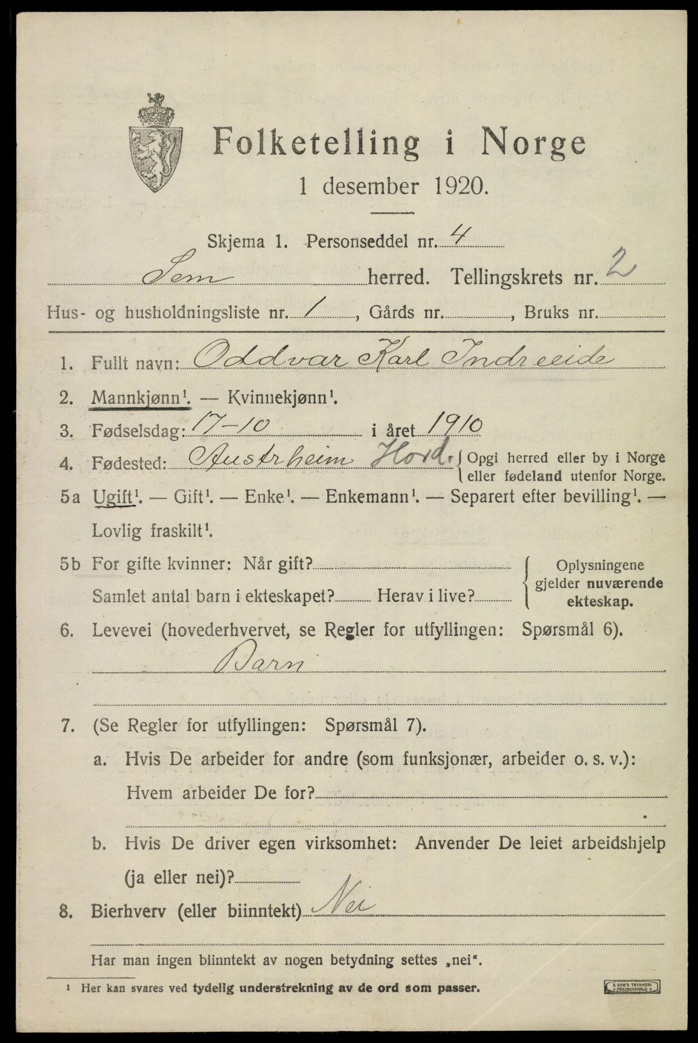 SAKO, Folketelling 1920 for 0721 Sem herred, 1920, s. 5267