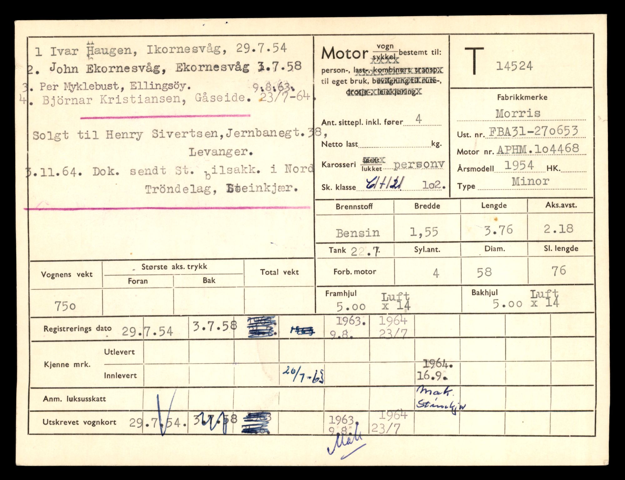 Møre og Romsdal vegkontor - Ålesund trafikkstasjon, AV/SAT-A-4099/F/Fe/L0046: Registreringskort for kjøretøy T 14445 - T 14579, 1927-1998