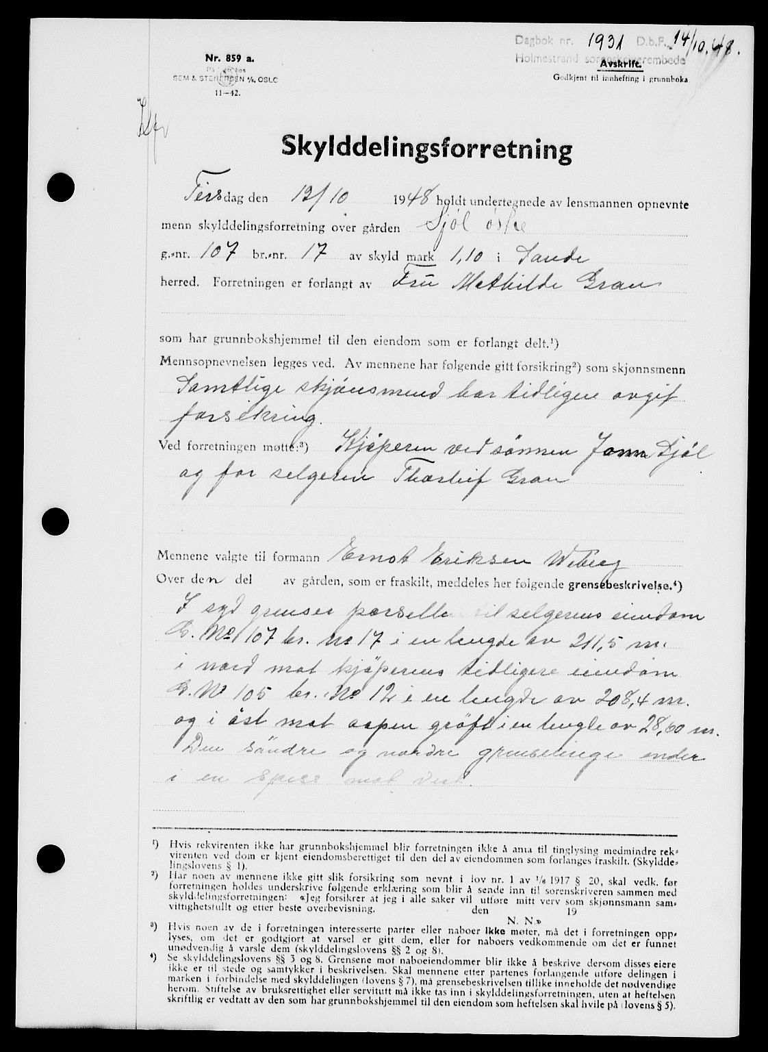 Holmestrand sorenskriveri, SAKO/A-67/G/Ga/Gaa/L0065: Pantebok nr. A-65, 1948-1949, Dagboknr: 1931/1948
