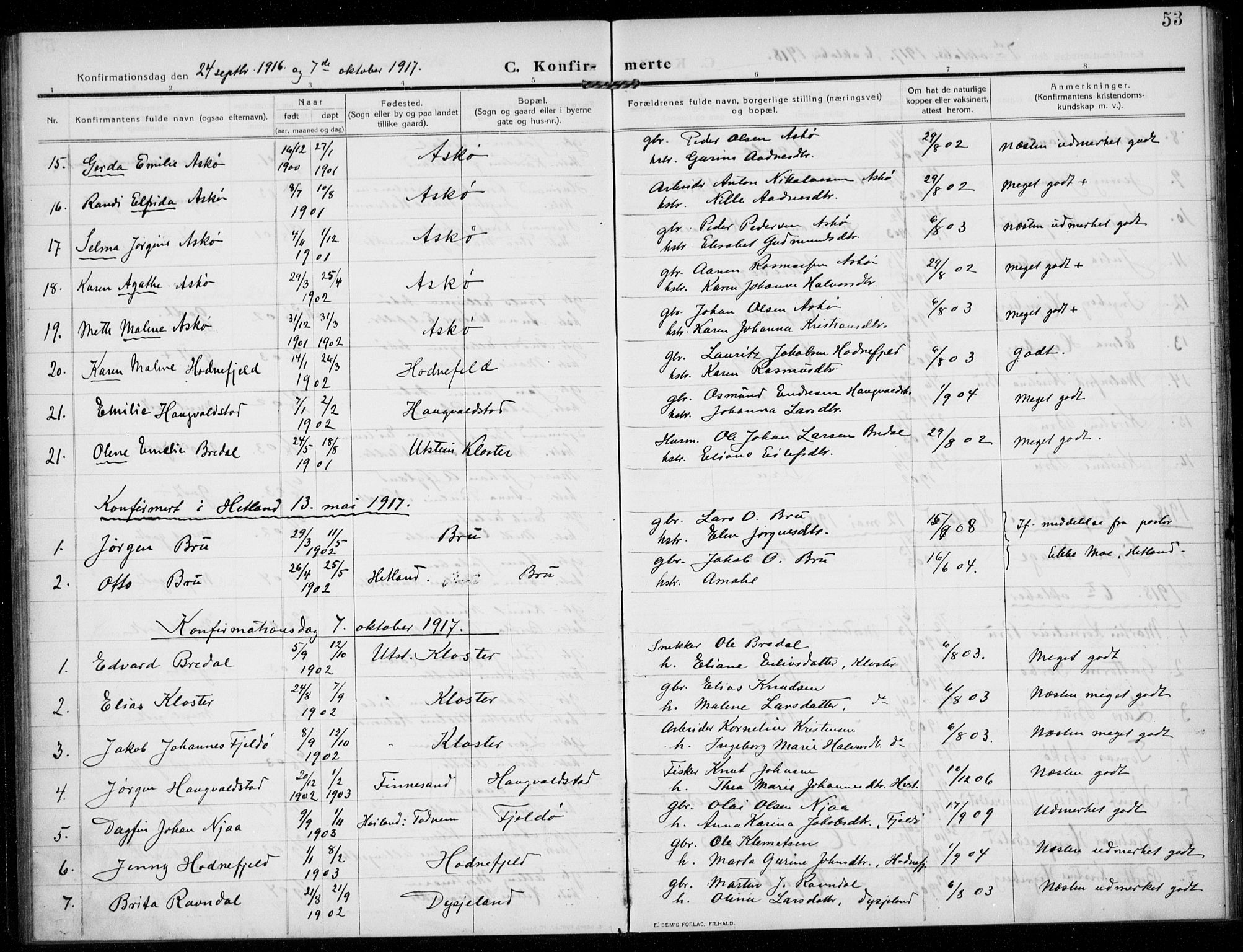 Rennesøy sokneprestkontor, AV/SAST-A -101827/H/Ha/Haa/L0017: Ministerialbok nr. A 17, 1908-1926, s. 53