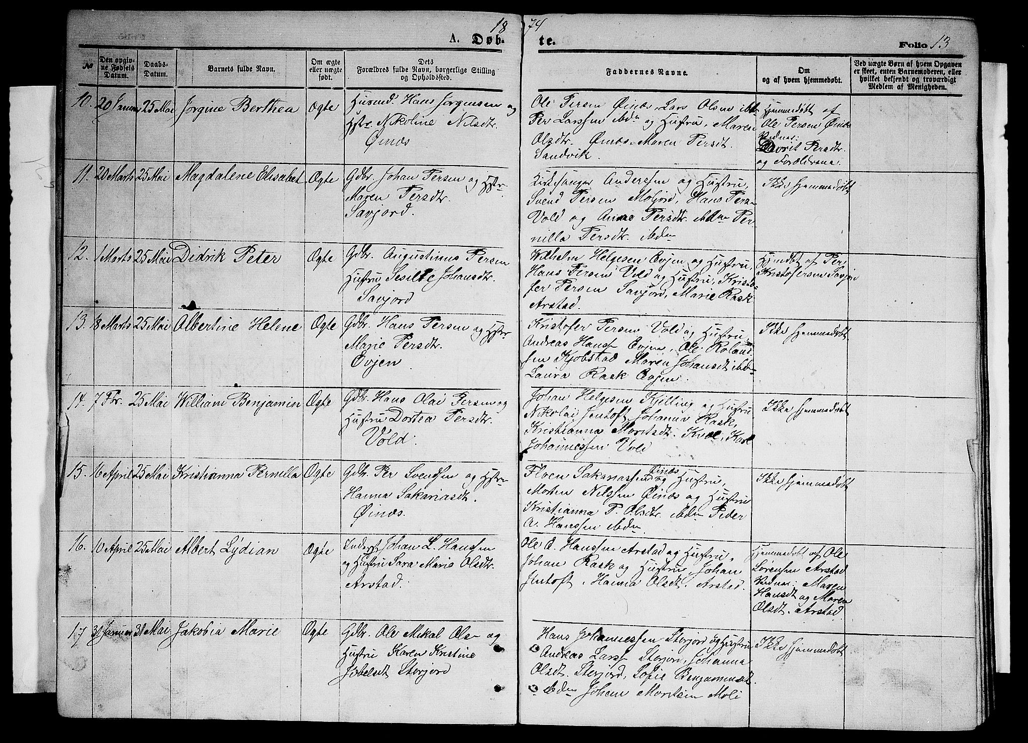 Ministerialprotokoller, klokkerbøker og fødselsregistre - Nordland, AV/SAT-A-1459/846/L0653: Klokkerbok nr. 846C03, 1872-1887, s. 13