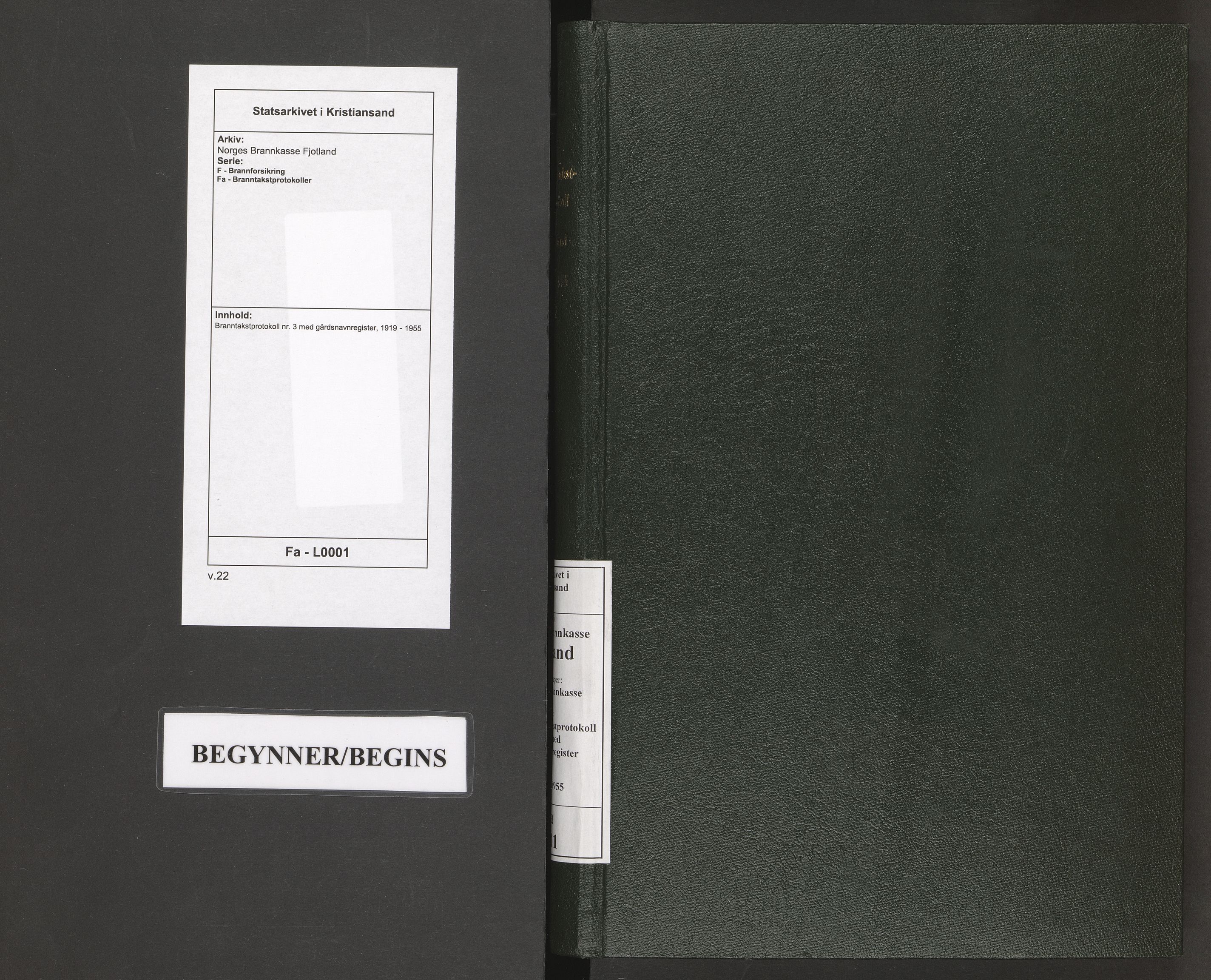 Norges Brannkasse Fjotland, SAK/2241-0014/F/Fa/L0001: Branntakstprotokoll nr. 3 med gårdsnavnregister, 1919-1955