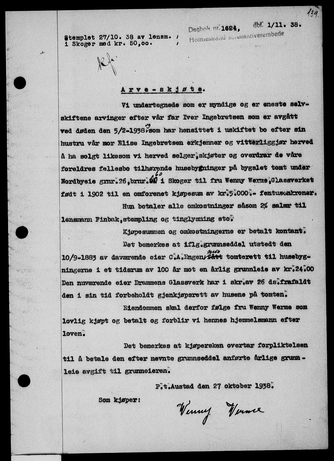 Holmestrand sorenskriveri, SAKO/A-67/G/Ga/Gaa/L0050: Pantebok nr. A-50, 1938-1939, Dagboknr: 1624/1938