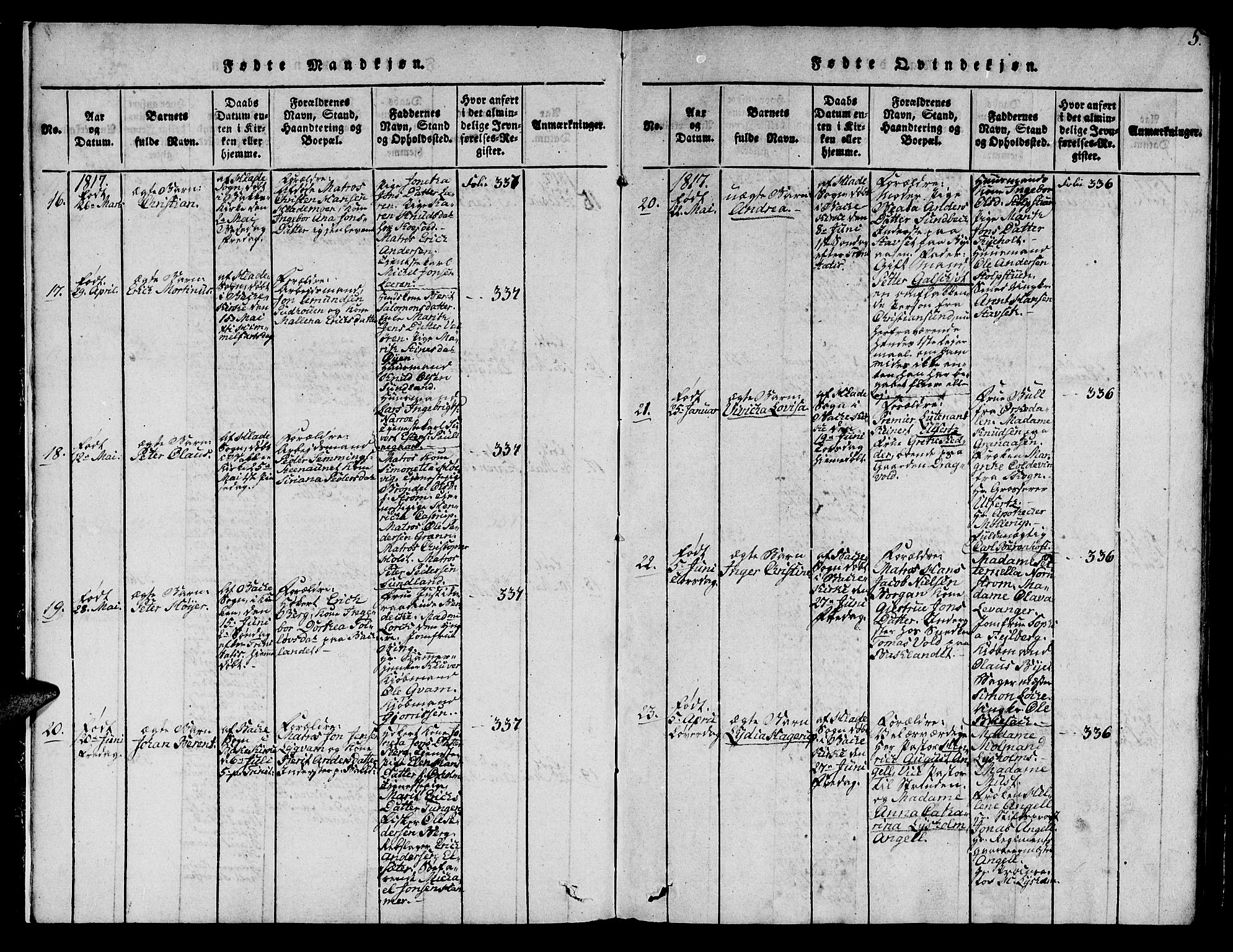 Ministerialprotokoller, klokkerbøker og fødselsregistre - Sør-Trøndelag, SAT/A-1456/606/L0307: Klokkerbok nr. 606C03, 1817-1824, s. 5