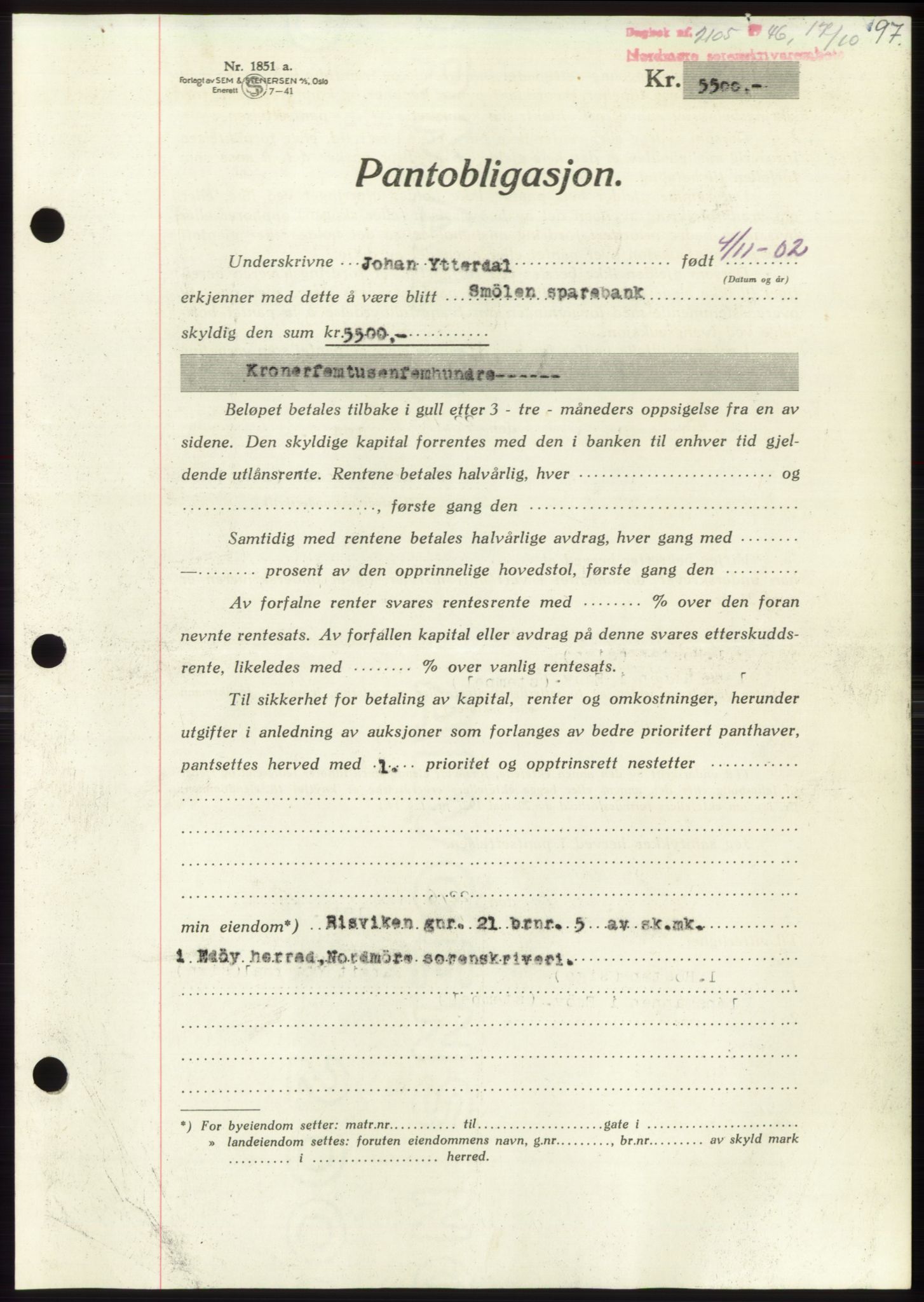 Nordmøre sorenskriveri, AV/SAT-A-4132/1/2/2Ca: Pantebok nr. B95, 1946-1947, Dagboknr: 2105/1946