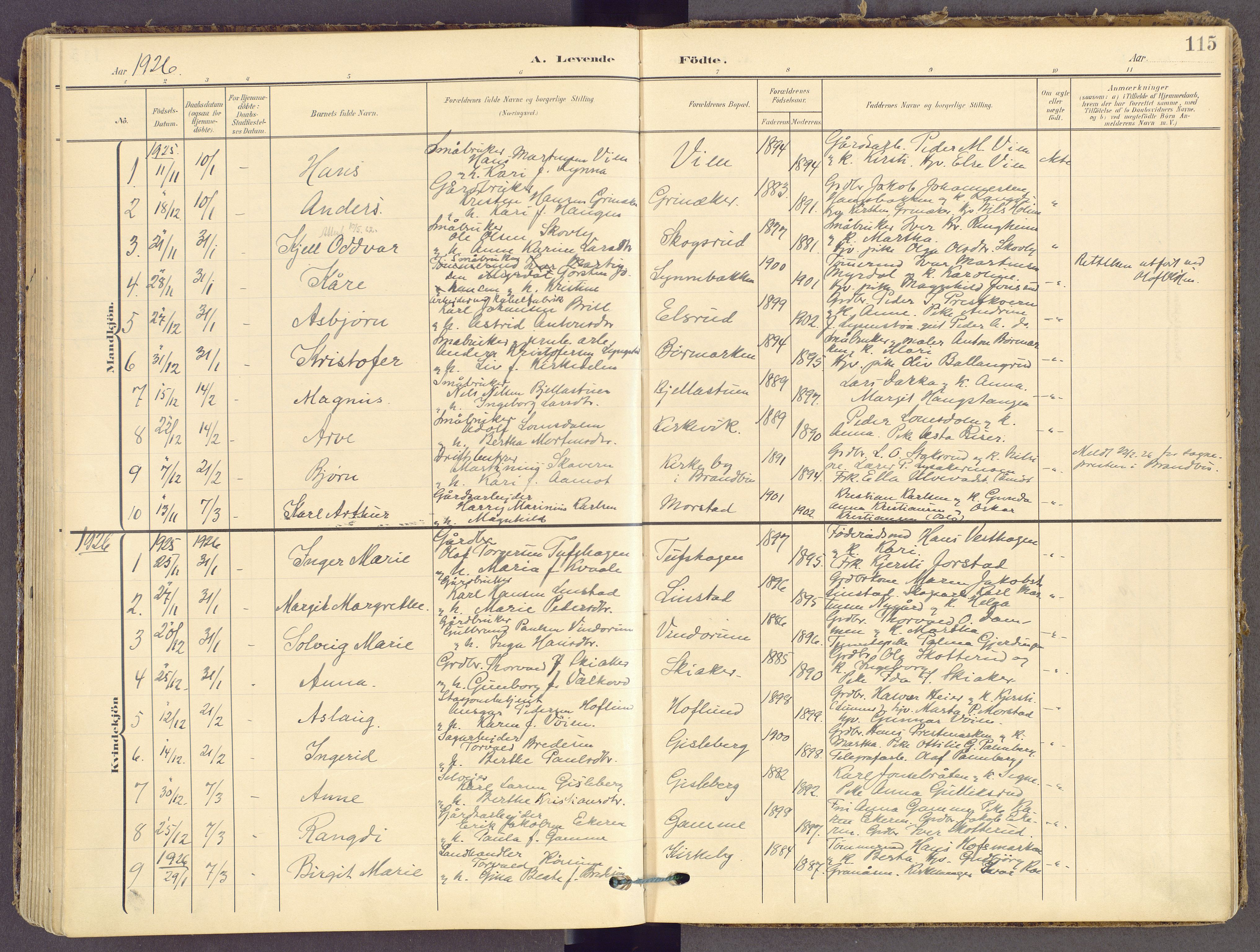 Gran prestekontor, AV/SAH-PREST-112/H/Ha/Haa/L0021: Ministerialbok nr. 21, 1908-1932, s. 115