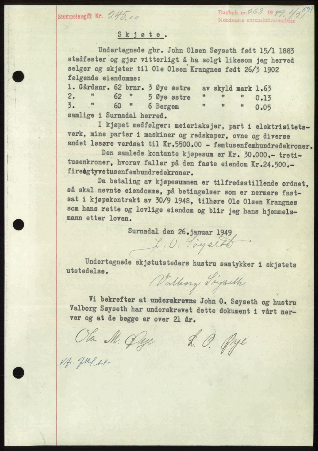 Nordmøre sorenskriveri, SAT/A-4132/1/2/2Ca: Pantebok nr. A110, 1948-1949, Dagboknr: 263/1949