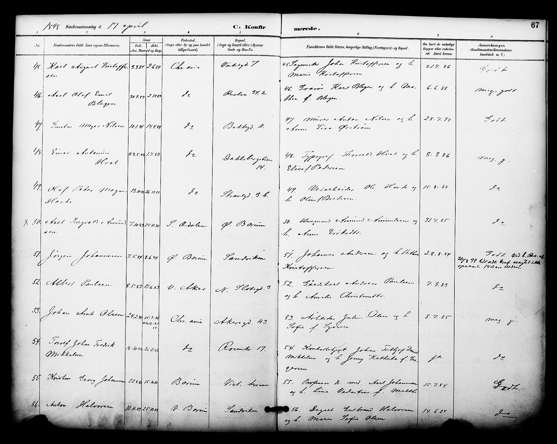 Johannes prestekontor Kirkebøker, AV/SAO-A-10852/F/Fa/L0005: Ministerialbok nr. 5, 1893-1907, s. 67