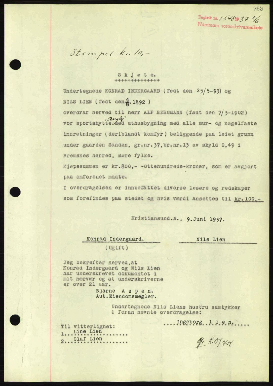 Nordmøre sorenskriveri, SAT/A-4132/1/2/2Ca: Pantebok nr. A81, 1937-1937, Dagboknr: 1548/1937