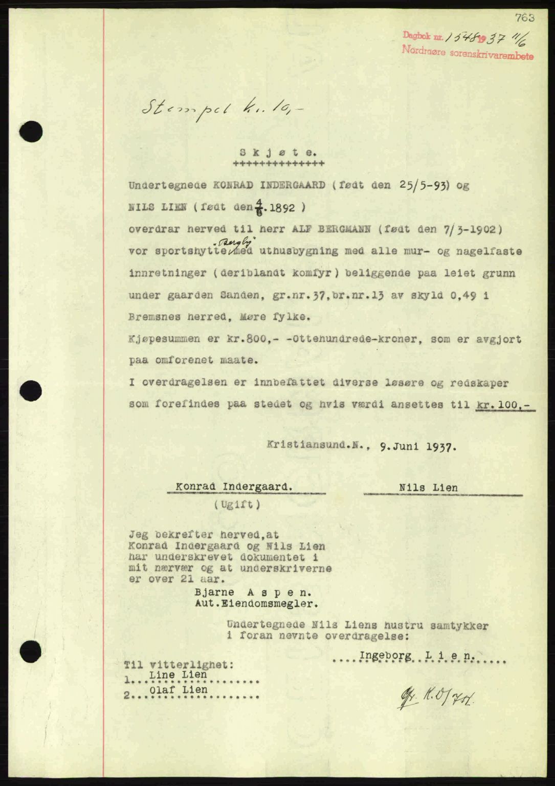 Nordmøre sorenskriveri, AV/SAT-A-4132/1/2/2Ca: Pantebok nr. A81, 1937-1937, Dagboknr: 1548/1937