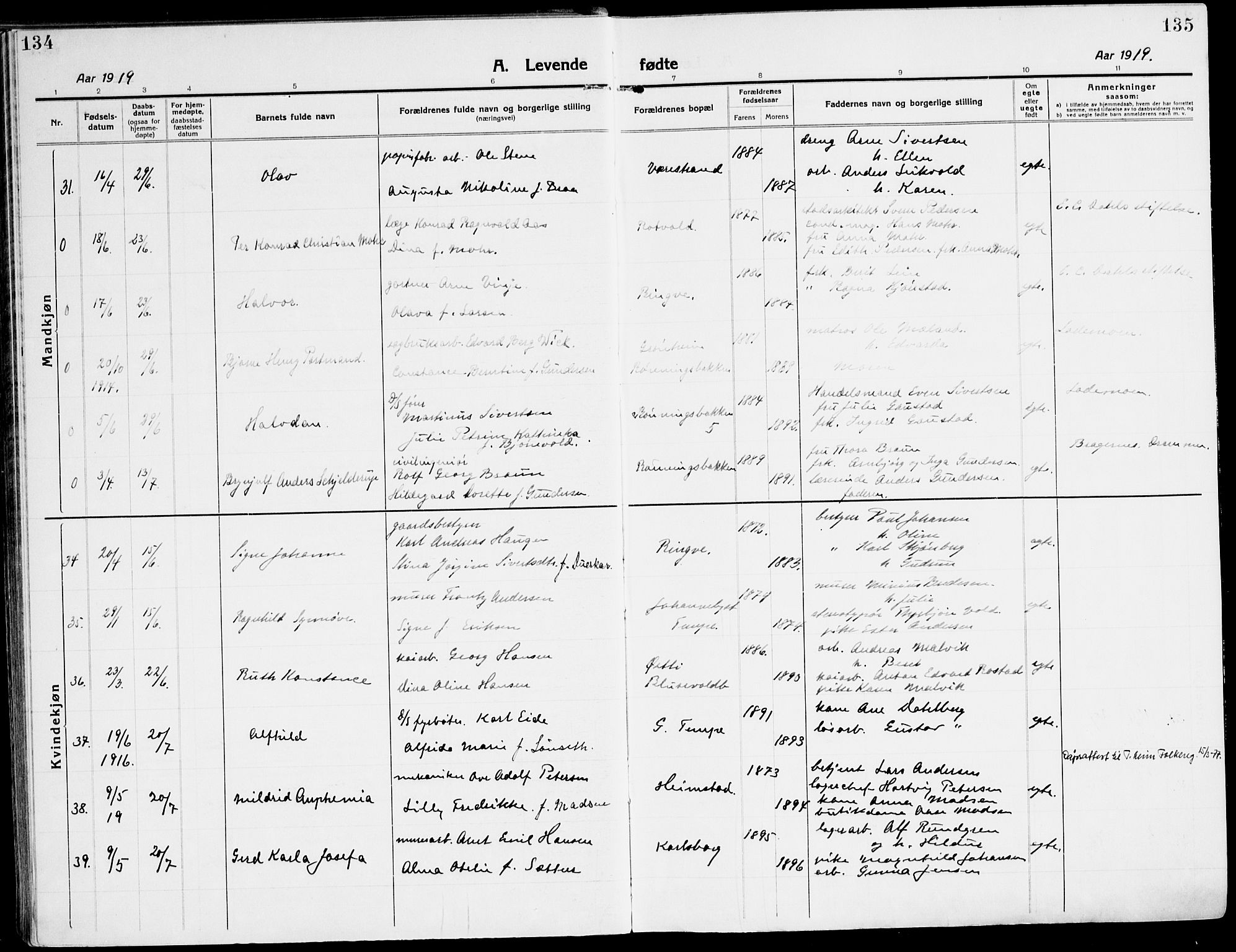 Ministerialprotokoller, klokkerbøker og fødselsregistre - Sør-Trøndelag, SAT/A-1456/607/L0321: Ministerialbok nr. 607A05, 1916-1935, s. 134-135