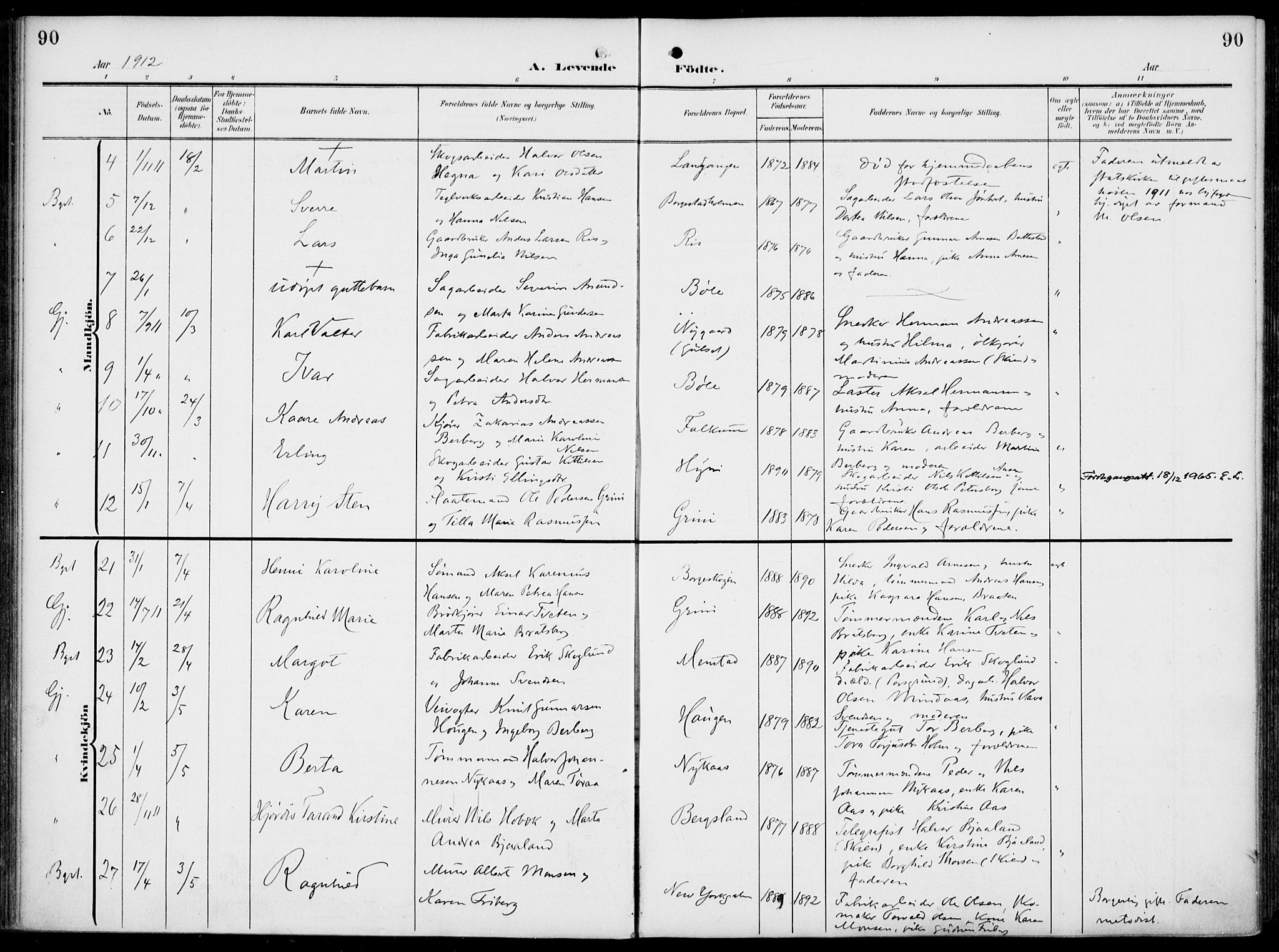 Gjerpen kirkebøker, AV/SAKO-A-265/F/Fa/L0012: Ministerialbok nr. I 12, 1905-1913, s. 90