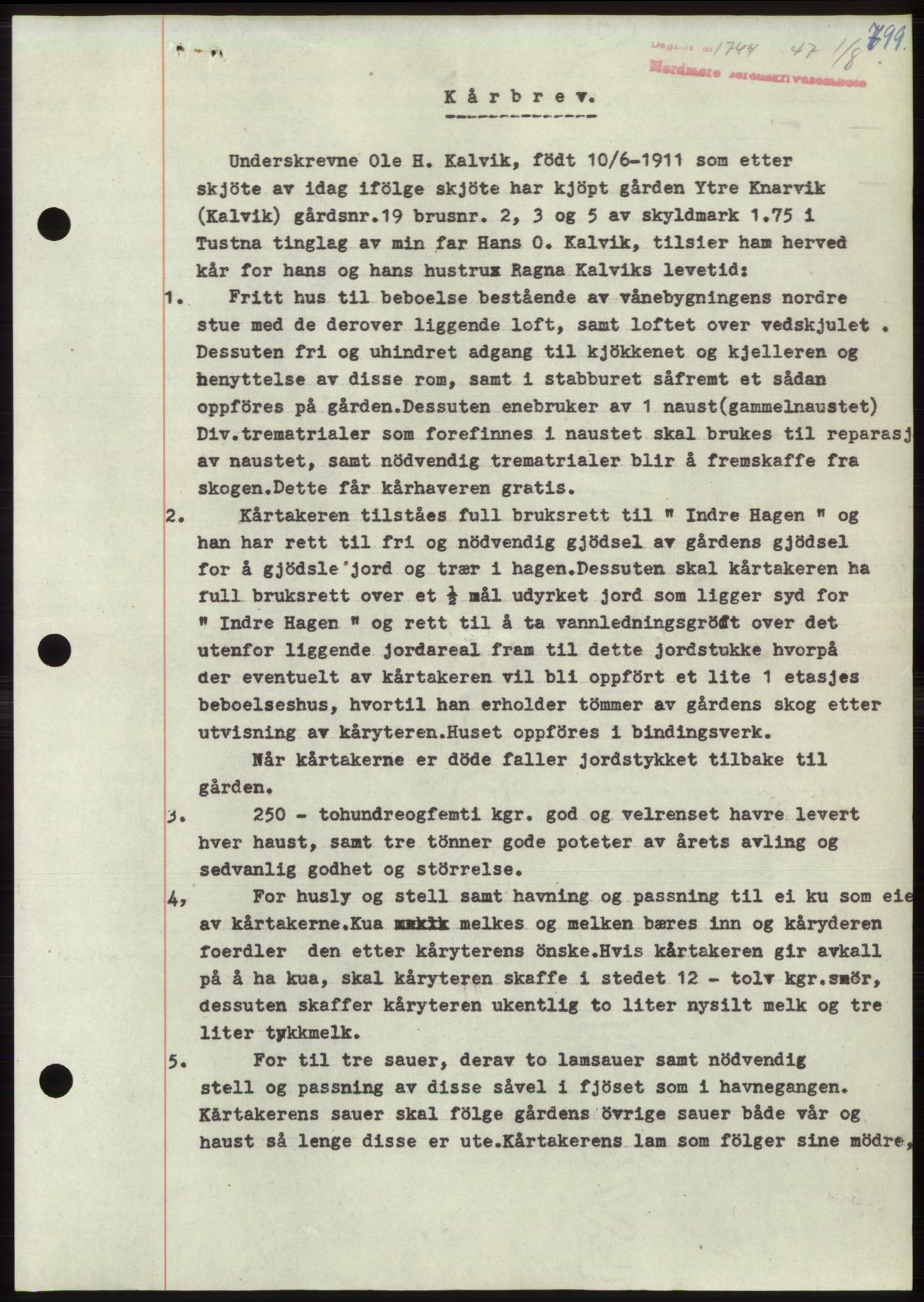 Nordmøre sorenskriveri, SAT/A-4132/1/2/2Ca: Pantebok nr. B96, 1947-1947, Dagboknr: 1744/1947