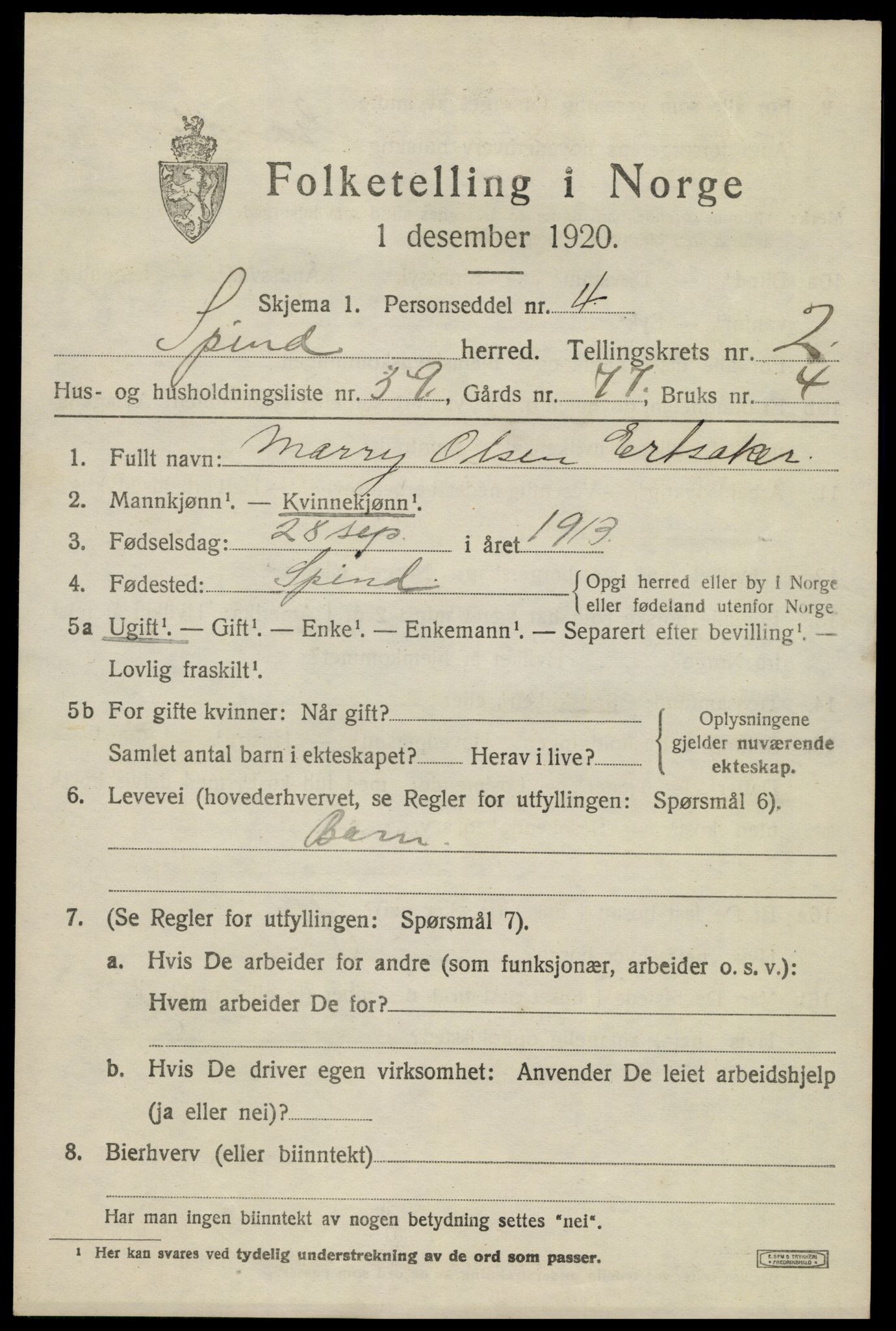 SAK, Folketelling 1920 for 1040 Spind herred, 1920, s. 1619