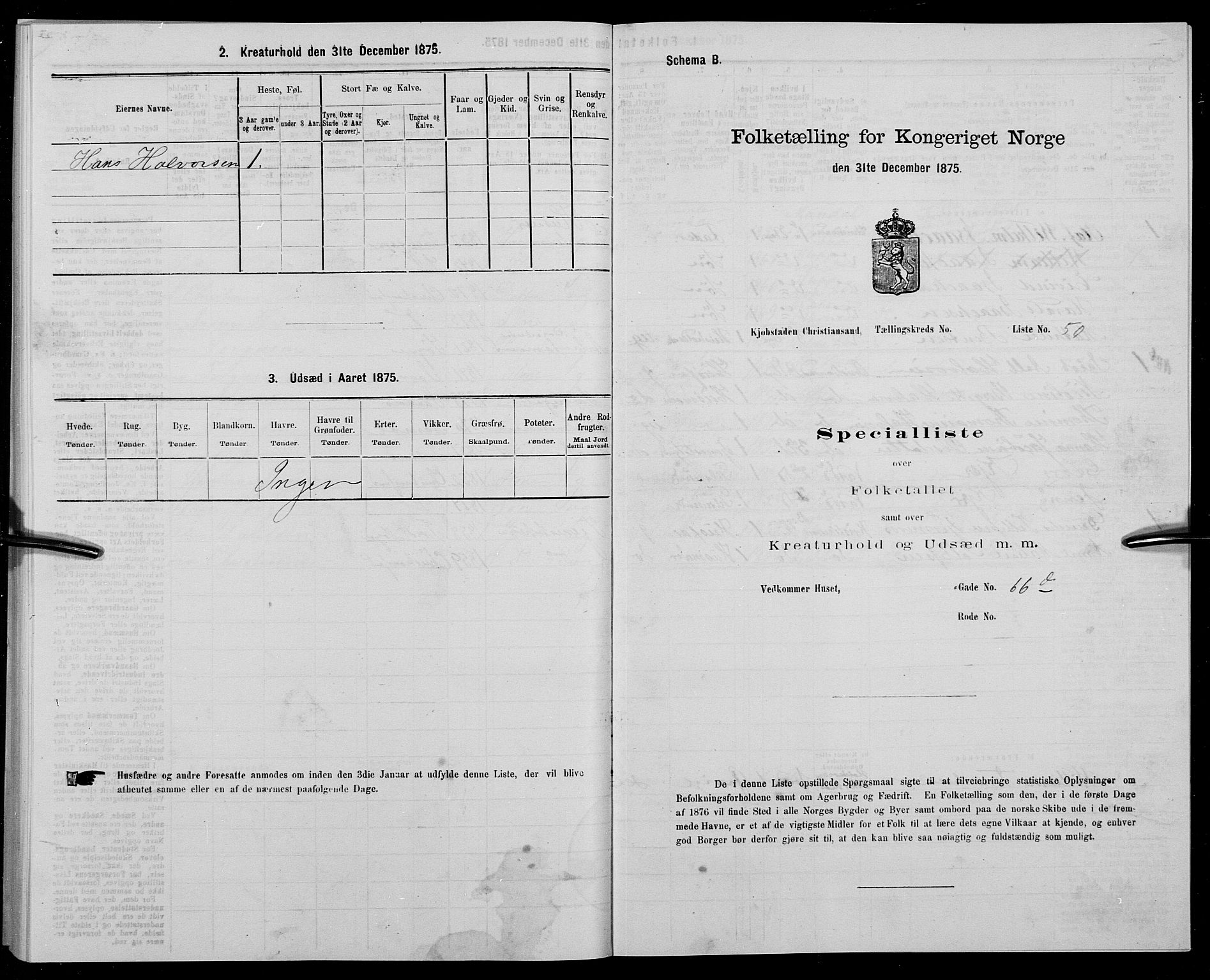 SAK, Folketelling 1875 for 1001P Kristiansand prestegjeld, 1875, s. 283