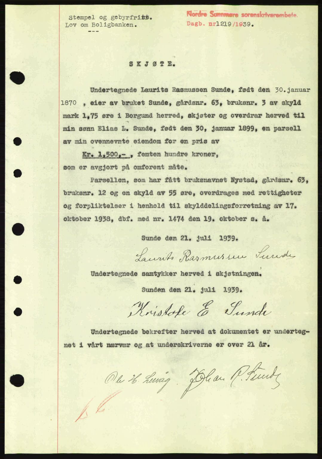 Nordre Sunnmøre sorenskriveri, SAT/A-0006/1/2/2C/2Ca: Pantebok nr. A7, 1939-1939, Dagboknr: 1219/1939