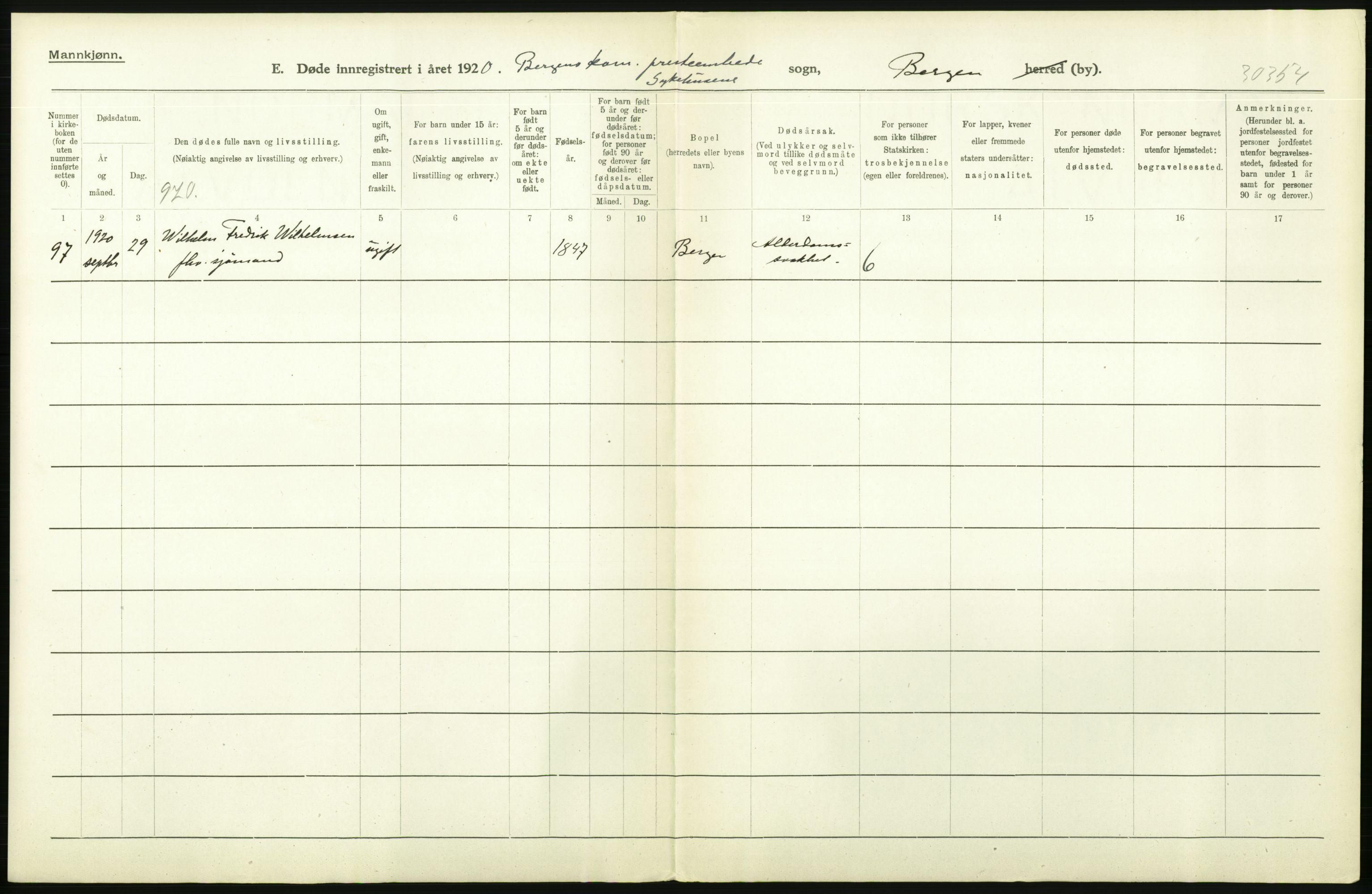 Statistisk sentralbyrå, Sosiodemografiske emner, Befolkning, AV/RA-S-2228/D/Df/Dfb/Dfbj/L0042: Bergen: Gifte, døde, dødfødte., 1920, s. 322