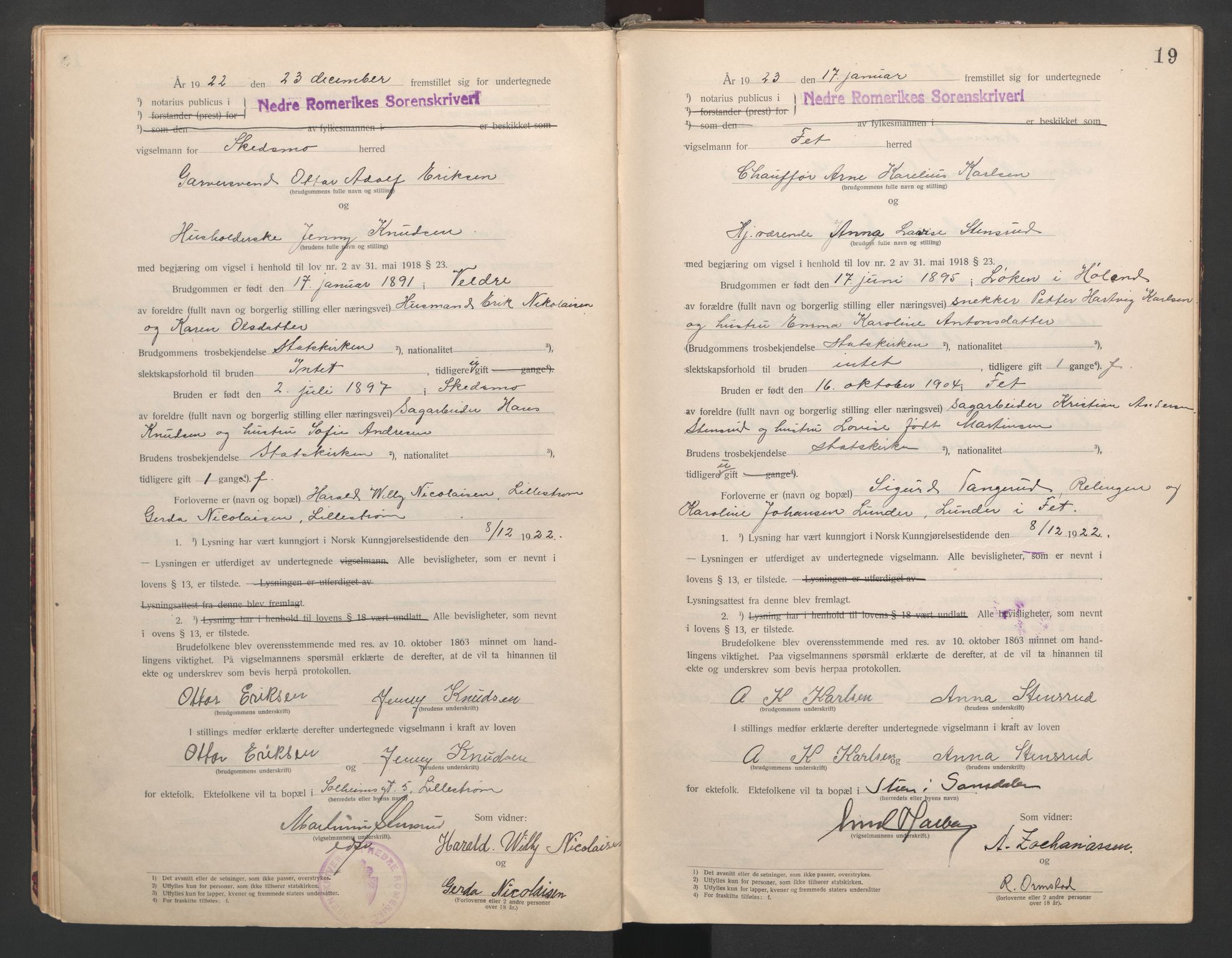 Nedre Romerike sorenskriveri, SAO/A-10469/L/Lb/L0001: Vigselsbok - borgerlige vielser, 1920-1935, s. 19