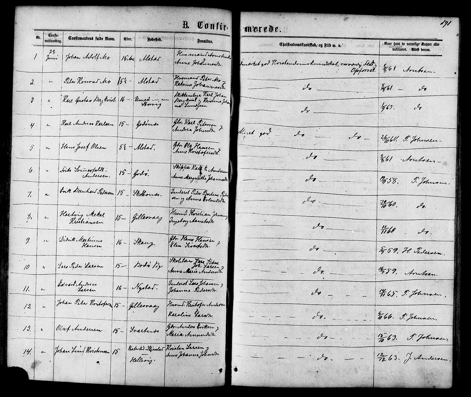 Ministerialprotokoller, klokkerbøker og fødselsregistre - Nordland, AV/SAT-A-1459/801/L0029: Klokkerbok nr. 801C04, 1868-1878, s. 191