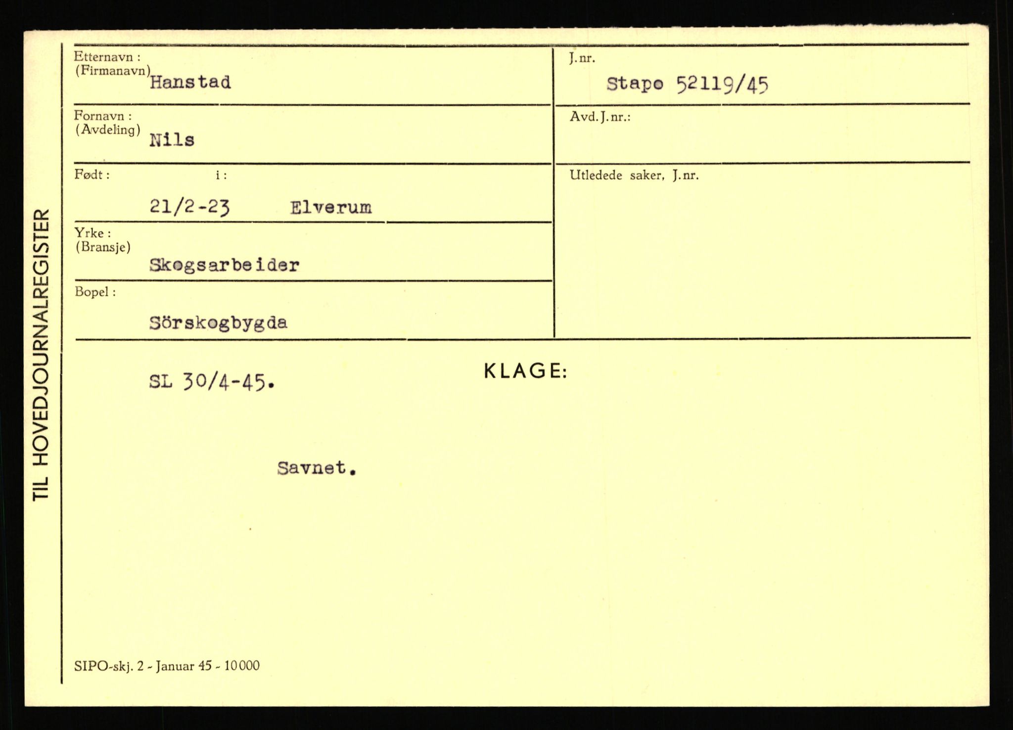 Statspolitiet - Hovedkontoret / Osloavdelingen, AV/RA-S-1329/C/Ca/L0006: Hanche - Hokstvedt, 1943-1945, s. 1774