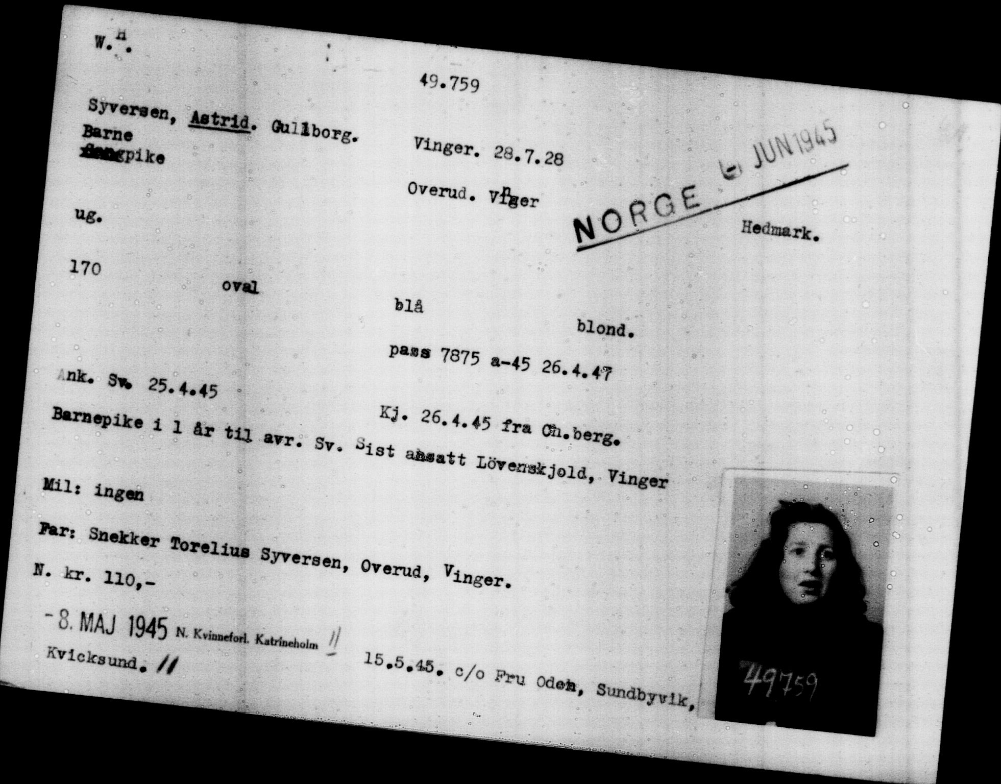 Utenriksstasjonene, Legasjonen i Stockholm, Flyktningkontoret, AV/RA-S-6753/V/Va/L0019: Kjesäterkartoteket, flyktninger med registreringsnr. 49600-55060, 1940-1945, s. 169