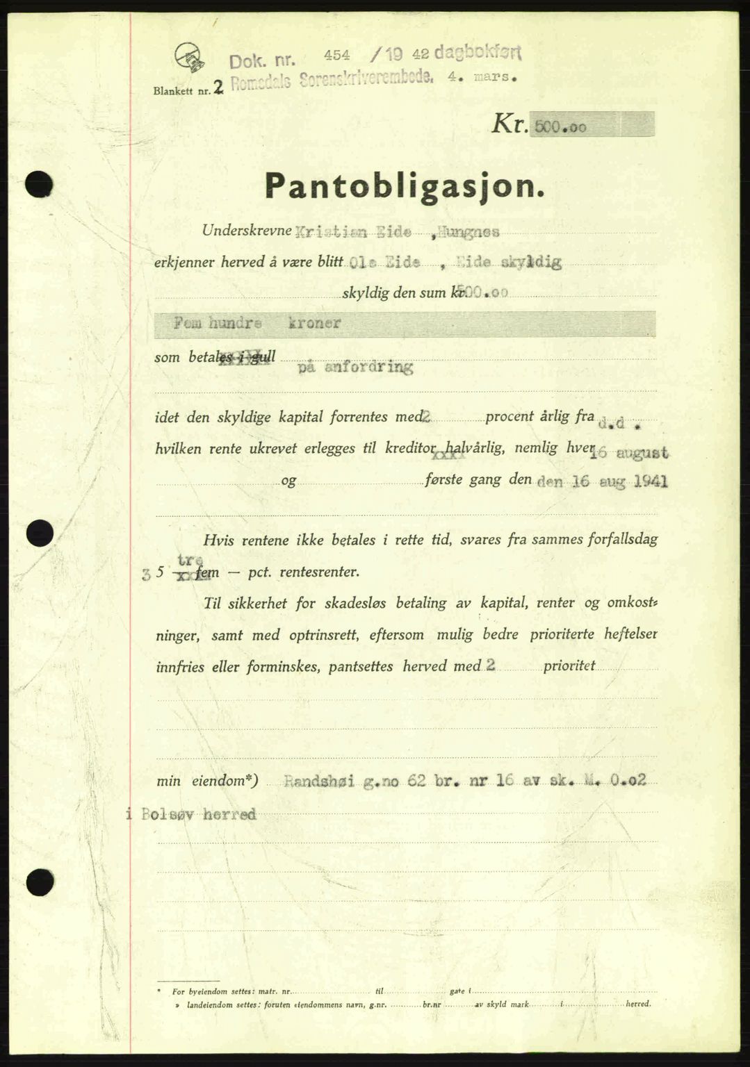 Romsdal sorenskriveri, SAT/A-4149/1/2/2C: Pantebok nr. B2, 1939-1945, Dagboknr: 454/1942