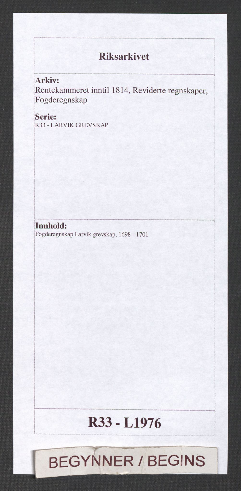 Rentekammeret inntil 1814, Reviderte regnskaper, Fogderegnskap, AV/RA-EA-4092/R33/L1976: Fogderegnskap Larvik grevskap, 1698-1701, s. 1