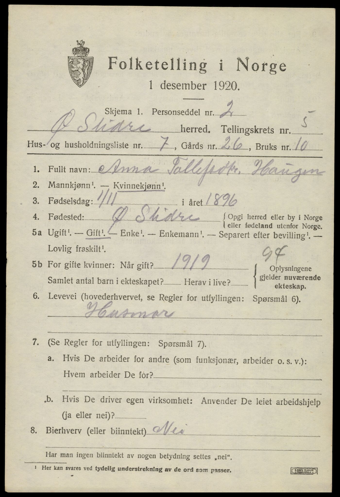 SAH, Folketelling 1920 for 0544 Øystre Slidre herred, 1920, s. 2931