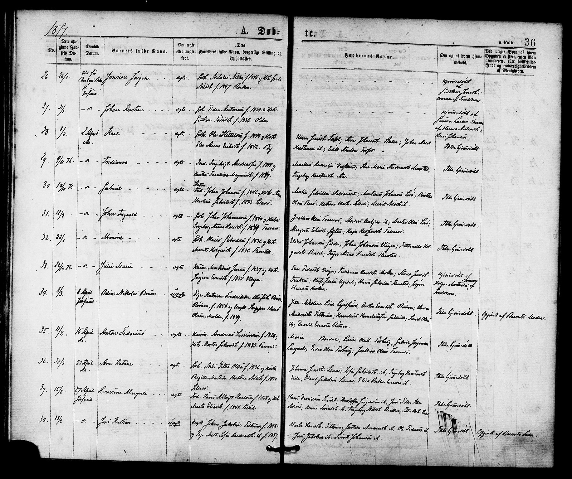 Ministerialprotokoller, klokkerbøker og fødselsregistre - Sør-Trøndelag, AV/SAT-A-1456/655/L0679: Ministerialbok nr. 655A08, 1873-1879, s. 36