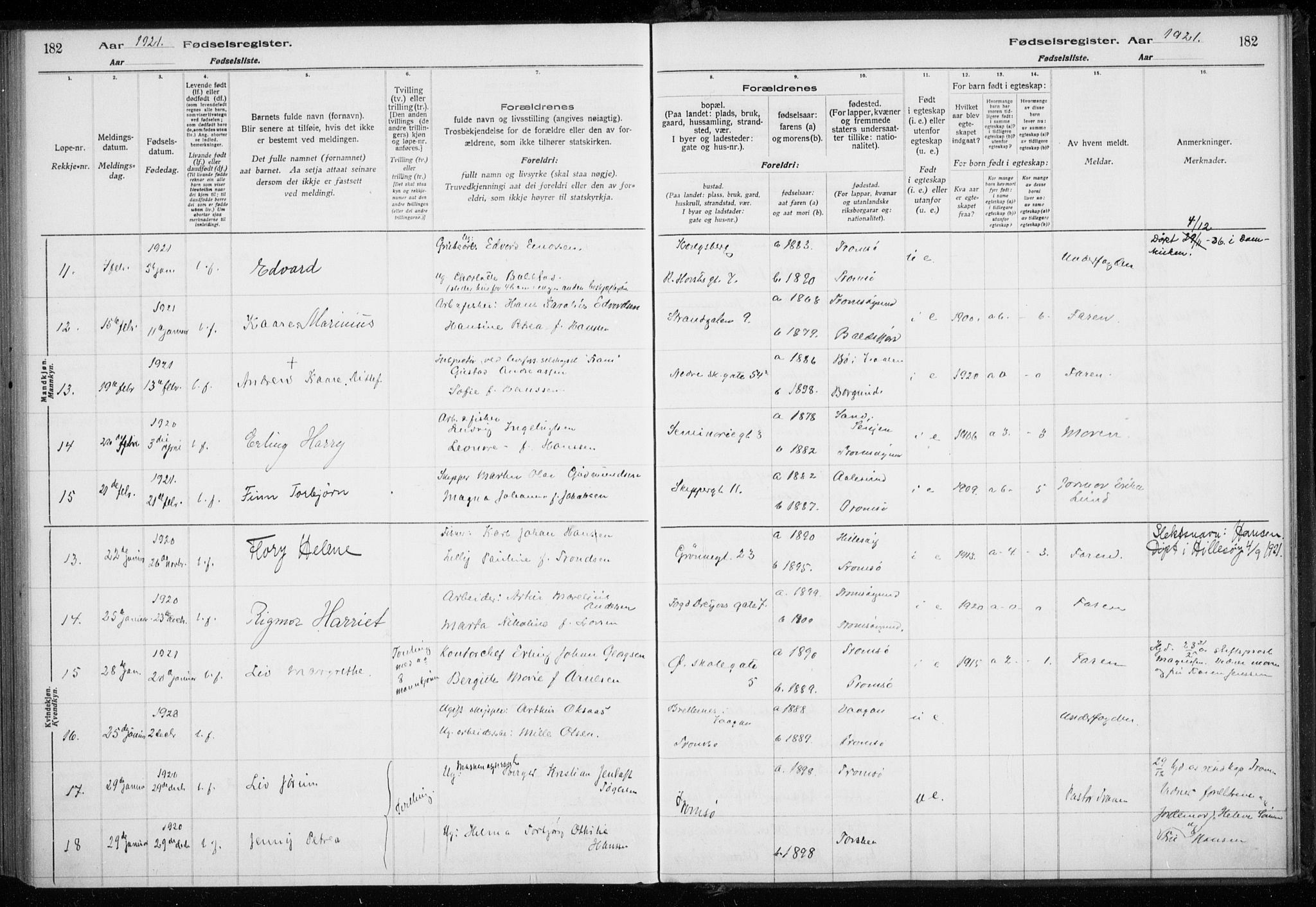 Tromsø sokneprestkontor/stiftsprosti/domprosti, AV/SATØ-S-1343/H/Ha/L0131: Fødselsregister nr. 131, 1916-1921, s. 182