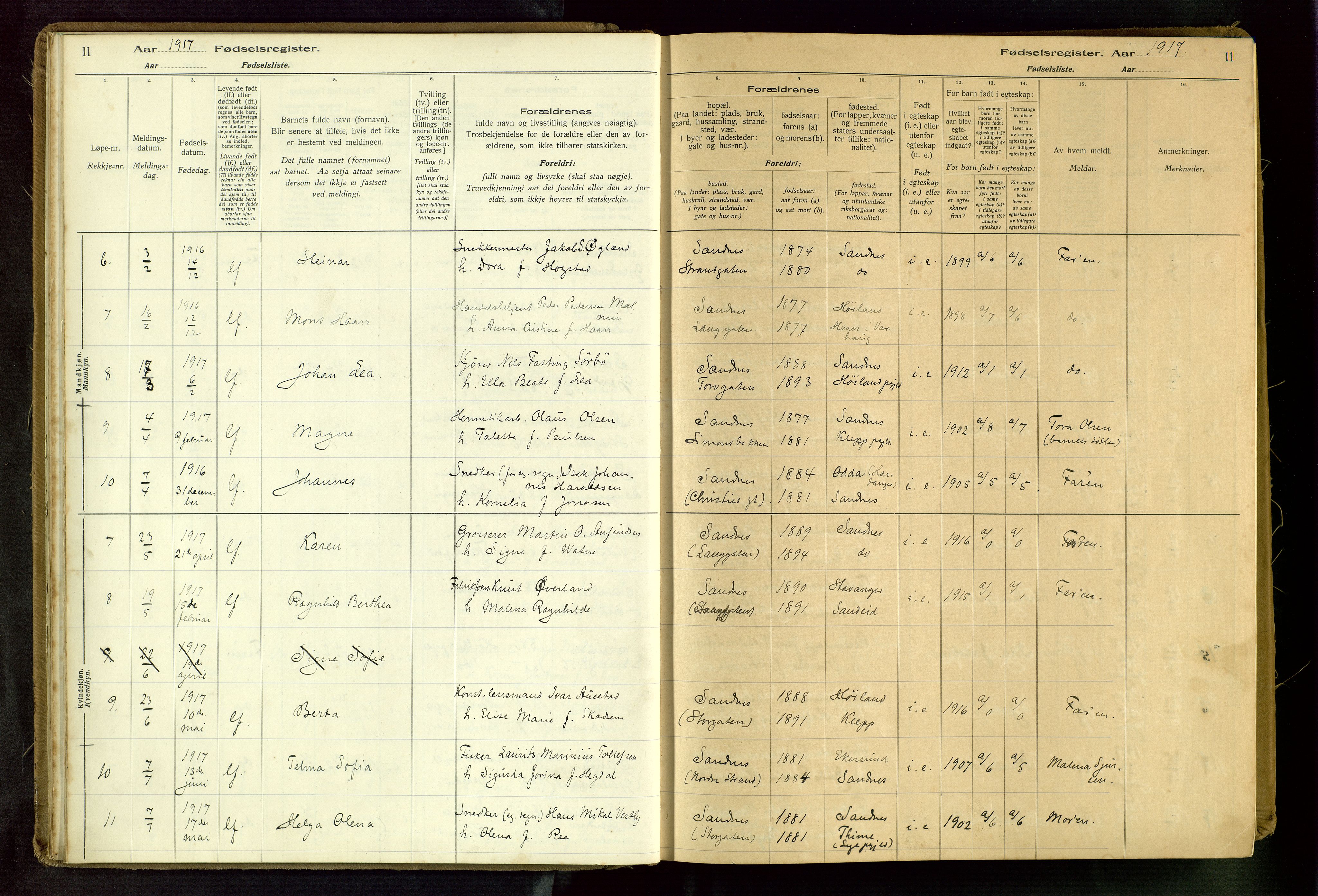 Sandnes sokneprestkontor, SAST/A-101800/704BA/L0001: Fødselsregister nr. 1, 1916-1942, s. 11