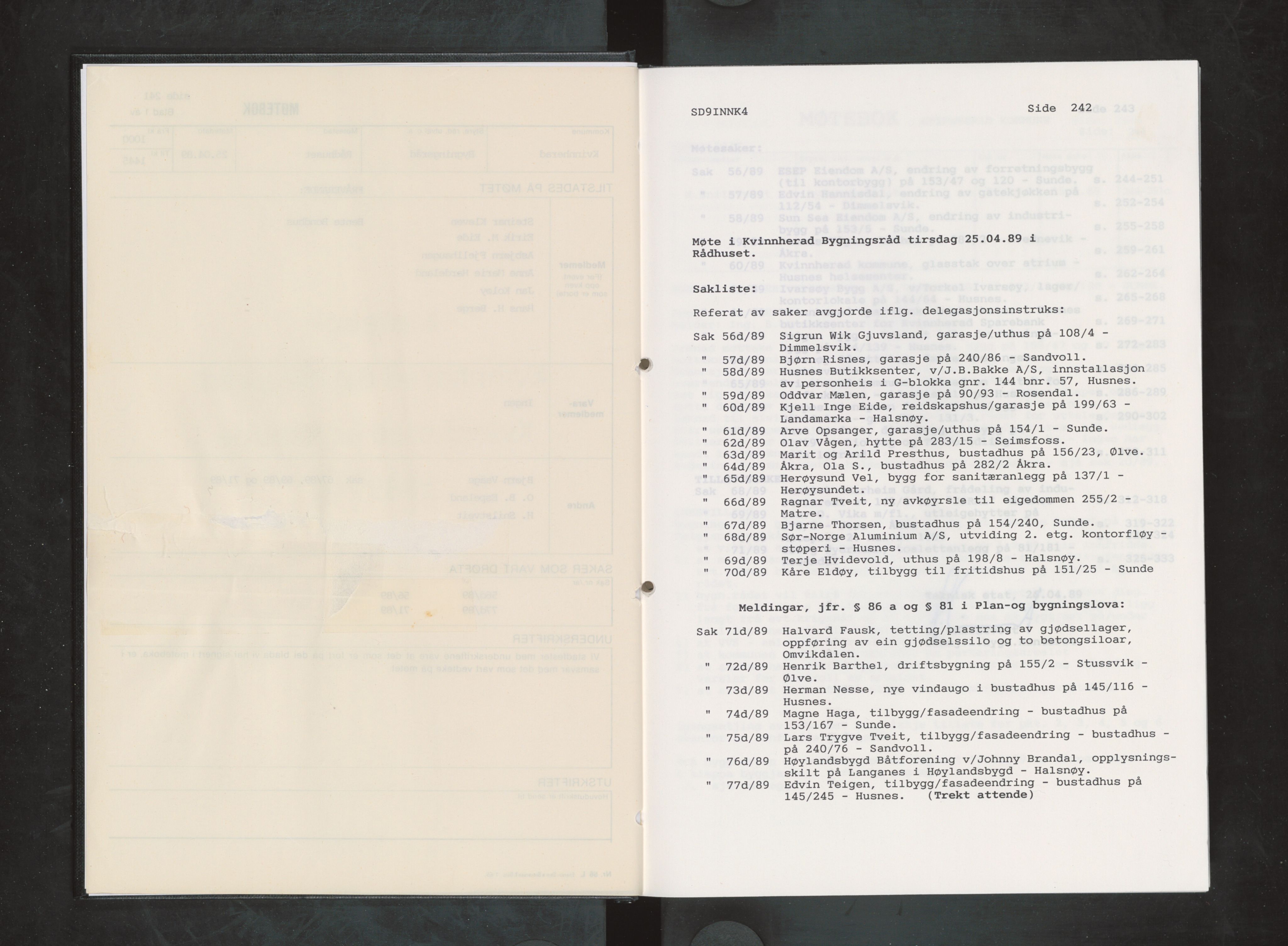 Kvinnherad kommune. Bygningsrådet , IKAH/1224-511/A/Aa/L0060: Møtebok for Kvinnherad bygningsråd, 1989