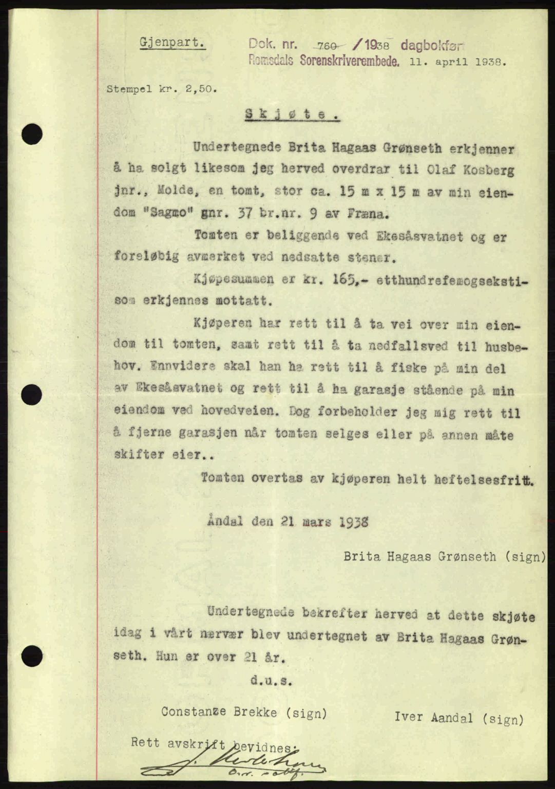 Romsdal sorenskriveri, SAT/A-4149/1/2/2C: Pantebok nr. A4, 1937-1938, Dagboknr: 760/1938