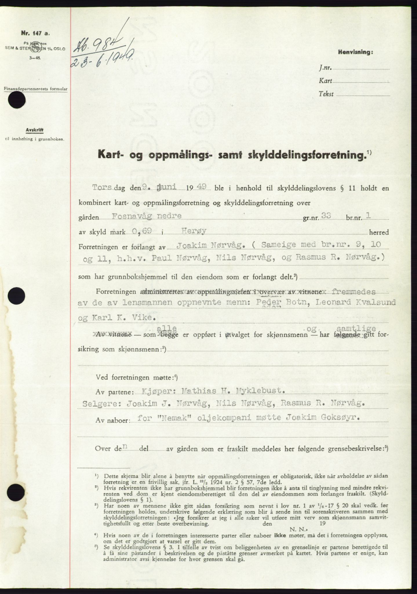 Søre Sunnmøre sorenskriveri, SAT/A-4122/1/2/2C/L0084: Pantebok nr. 10A, 1949-1949, Dagboknr: 984/1949