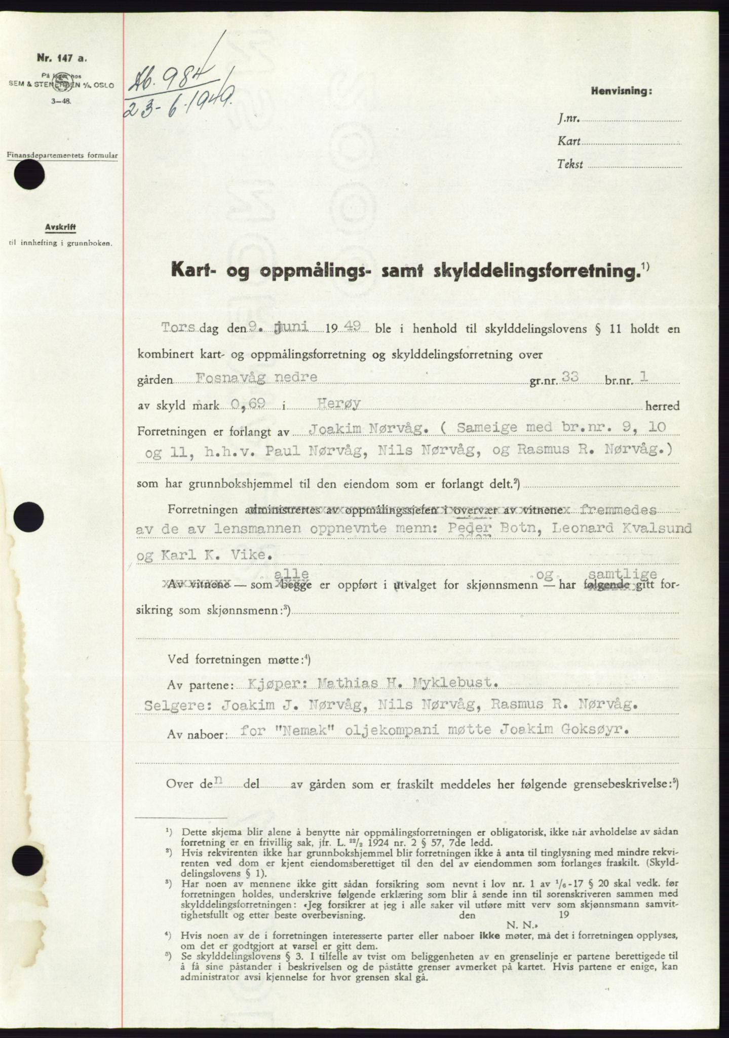 Søre Sunnmøre sorenskriveri, AV/SAT-A-4122/1/2/2C/L0084: Pantebok nr. 10A, 1949-1949, Dagboknr: 984/1949