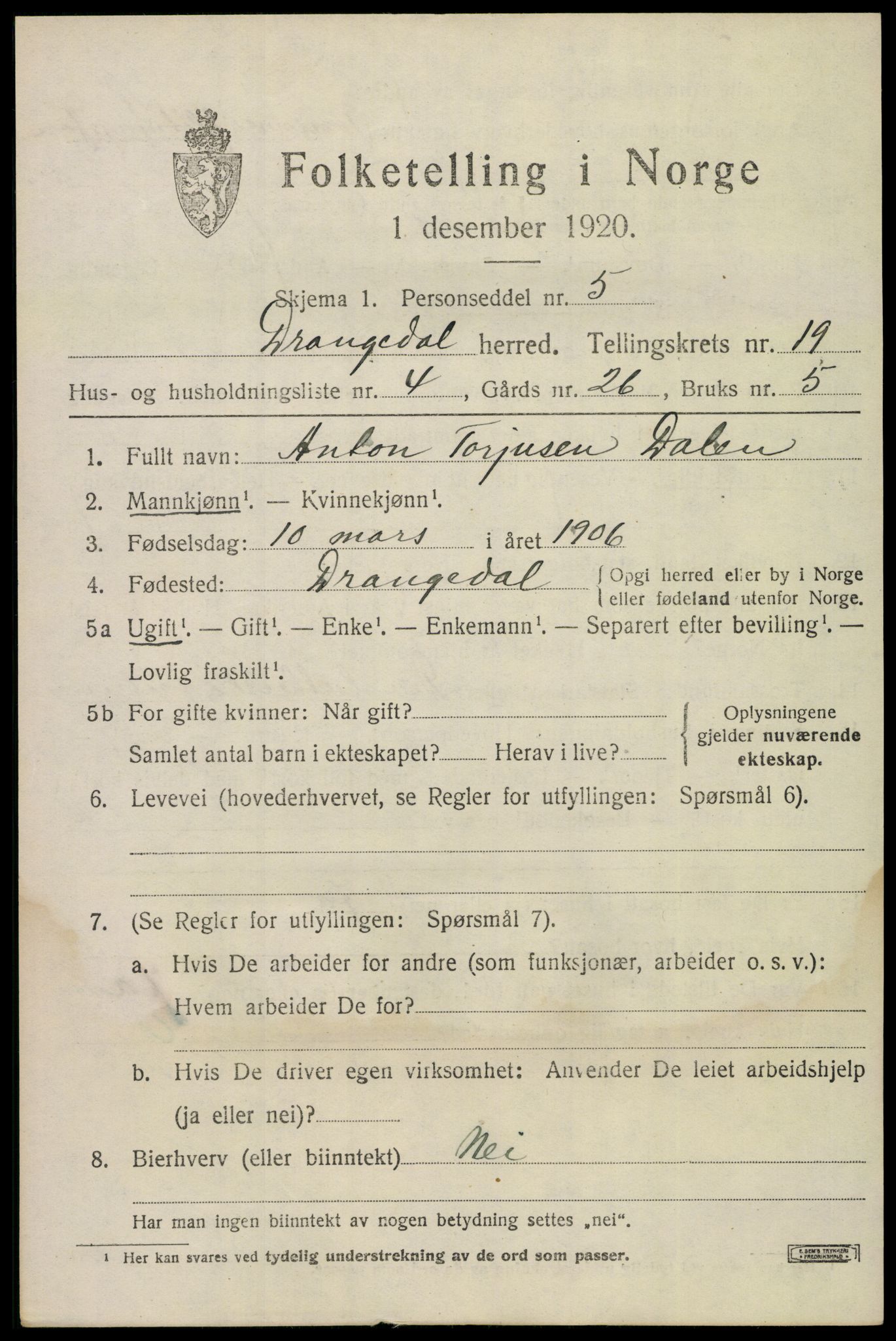 SAKO, Folketelling 1920 for 0817 Drangedal herred, 1920, s. 8507