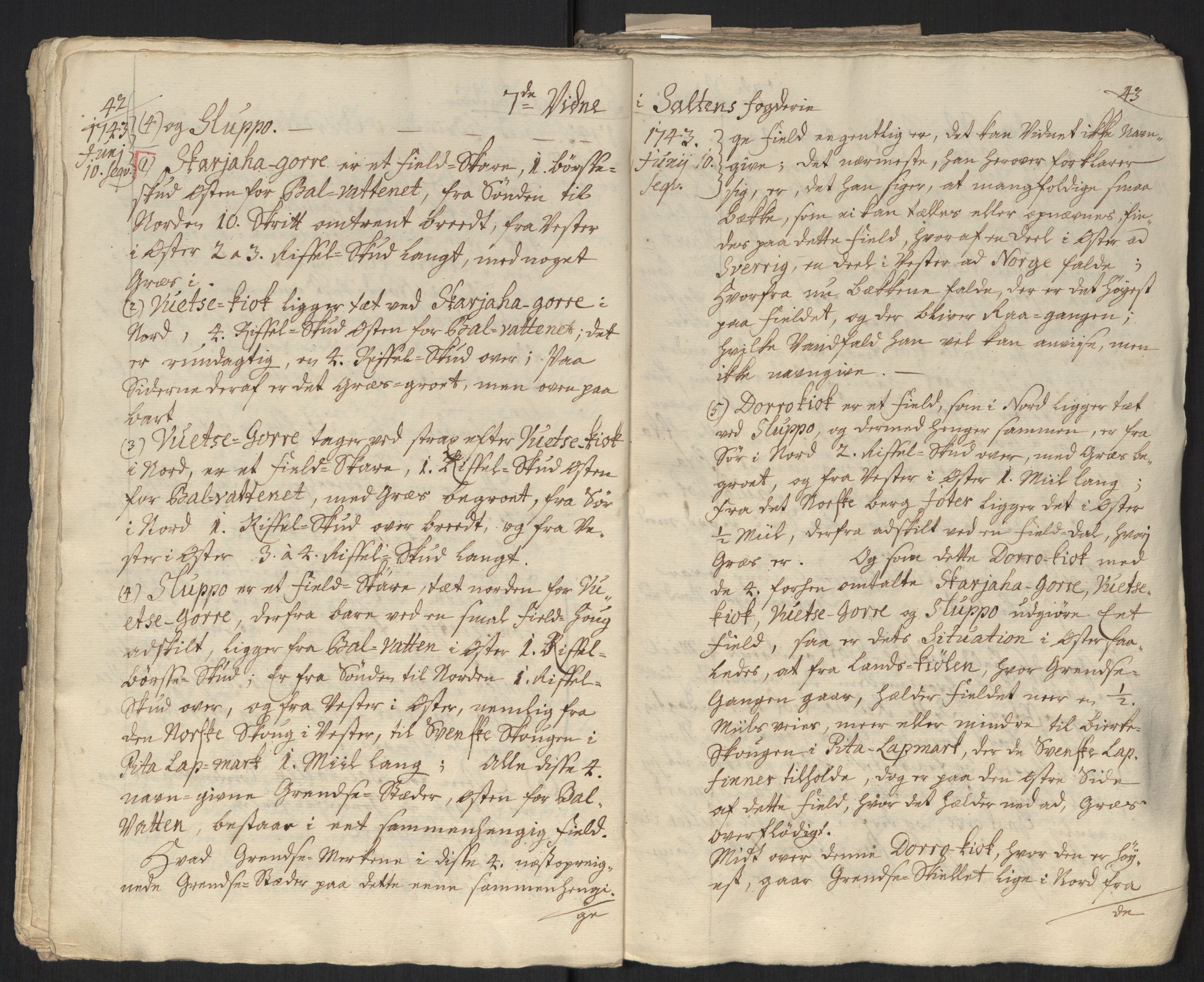 Danske Kanselli, Grensearkivet, AV/RA-EA-4062/F/L0011a/0001: Volum XXIII-XXVIa / Vol. XXIII: Major Schnitlers grenseeksaminasjonsprotokoll, 3. bind, 1743, s. 42-43