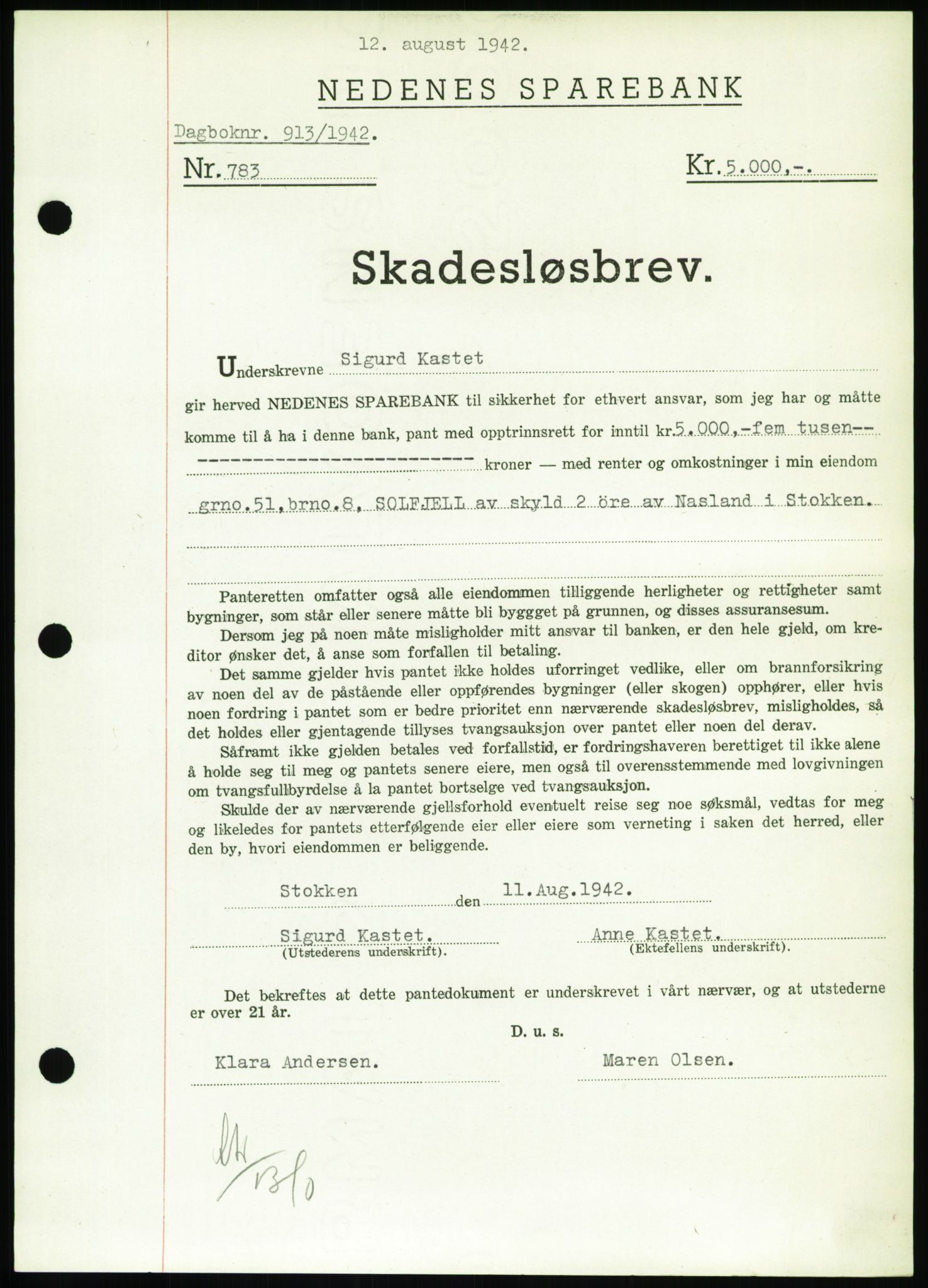 Nedenes sorenskriveri, SAK/1221-0006/G/Gb/Gbb/L0002: Pantebok nr. II, 1942-1945, Dagboknr: 913/1942