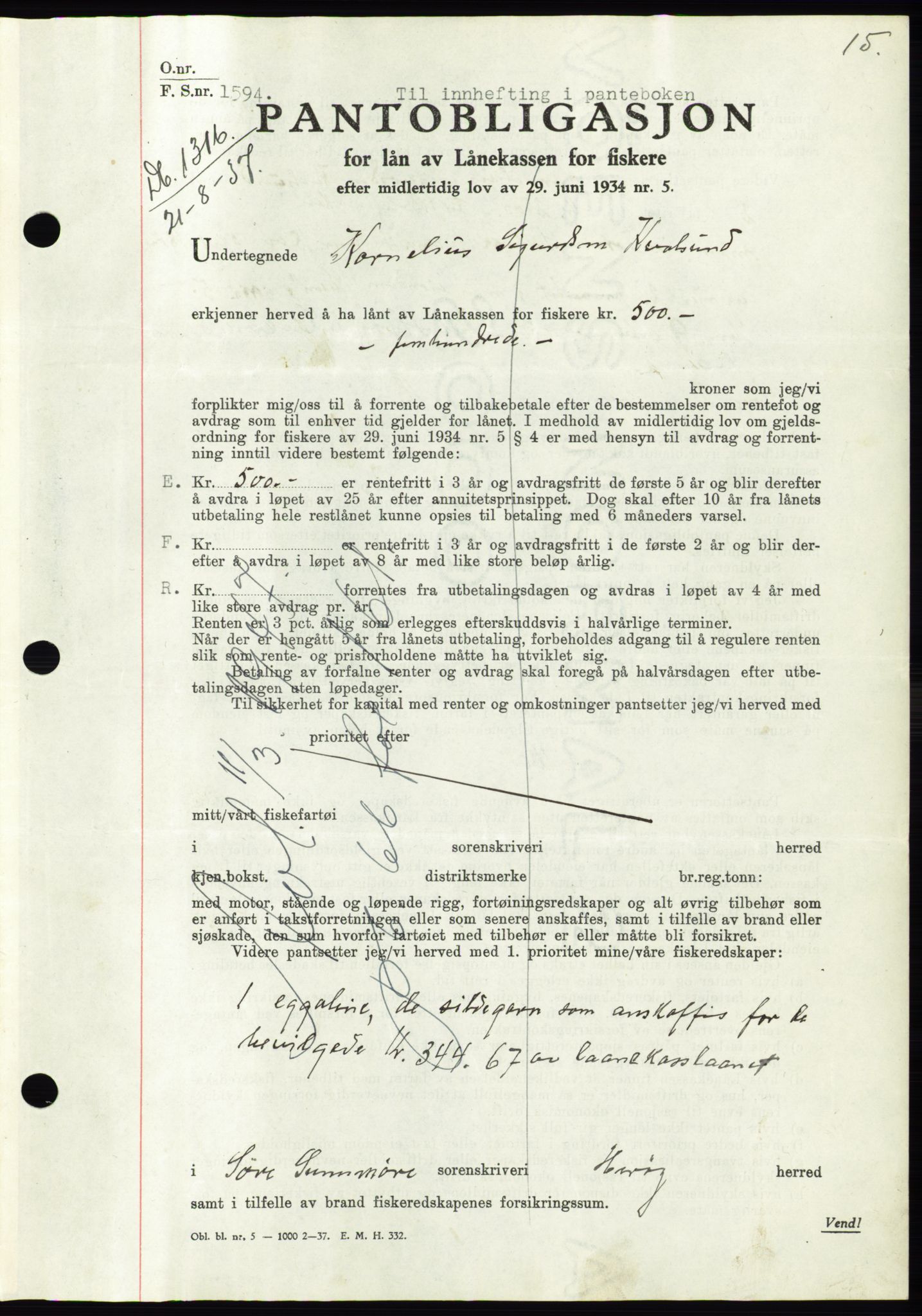 Søre Sunnmøre sorenskriveri, SAT/A-4122/1/2/2C/L0064: Pantebok nr. 58, 1937-1938, Dagboknr: 1316/1937