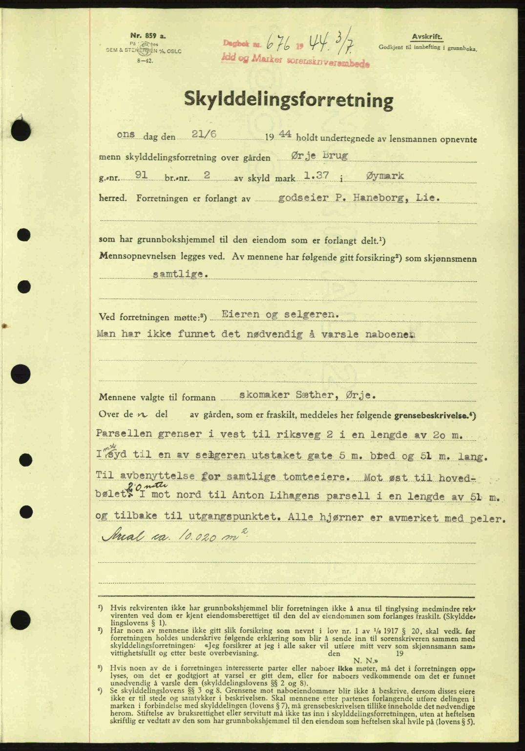 Idd og Marker sorenskriveri, AV/SAO-A-10283/G/Gb/Gbb/L0007: Pantebok nr. A7, 1944-1945, Dagboknr: 676/1944