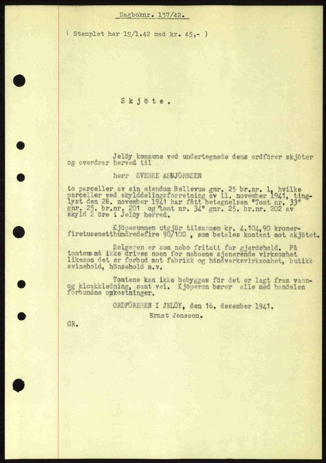 Moss sorenskriveri, SAO/A-10168: Pantebok nr. A9, 1941-1942, Dagboknr: 137/1942